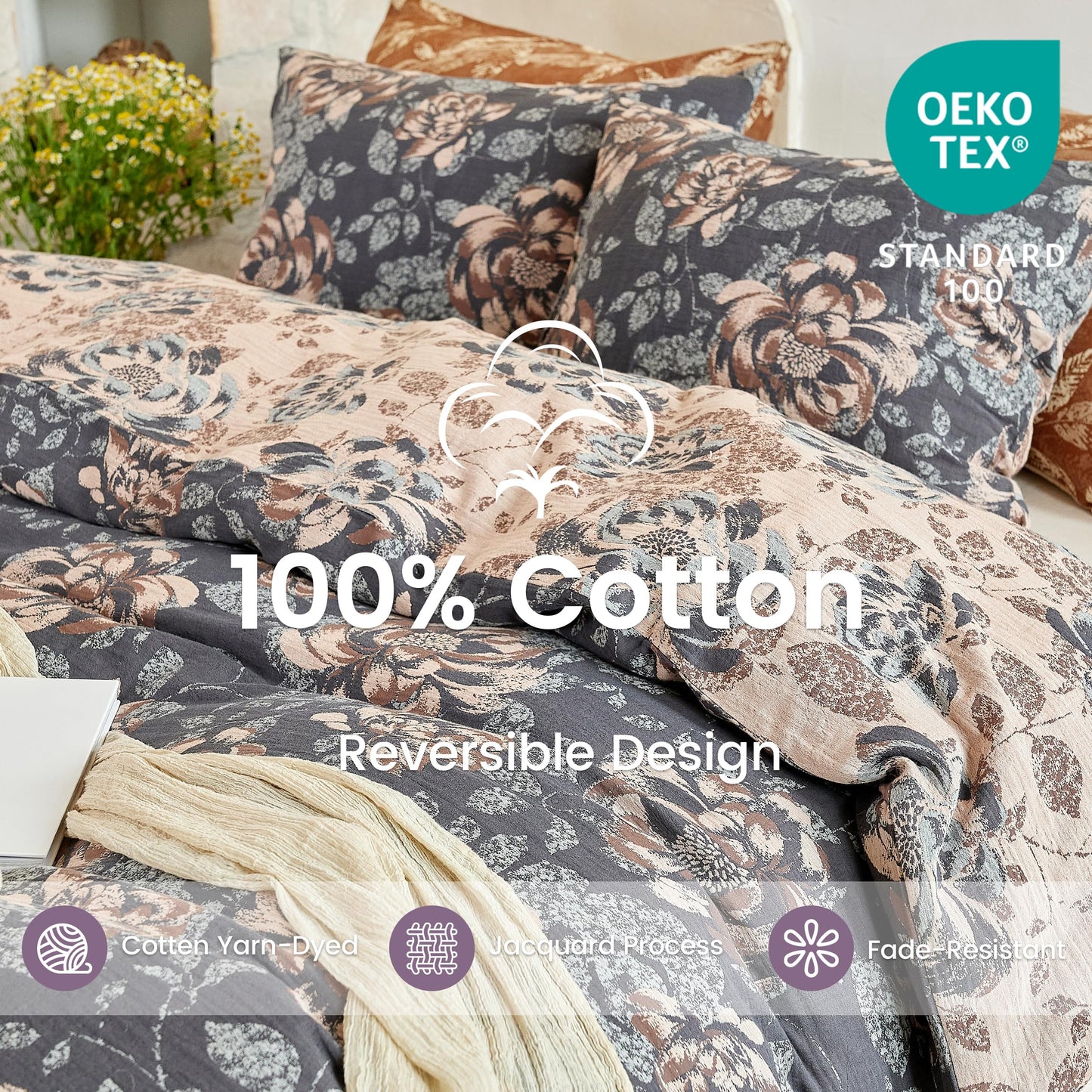 BISELINA 100% Cotton Muslin Duvet Cover Set Queen, 3 Pcs Yarn-Dyed Jacquard Textured Garden Flower, Soft and Breathable Bedding Set with Zipper Closure, Dark Blue Khaki