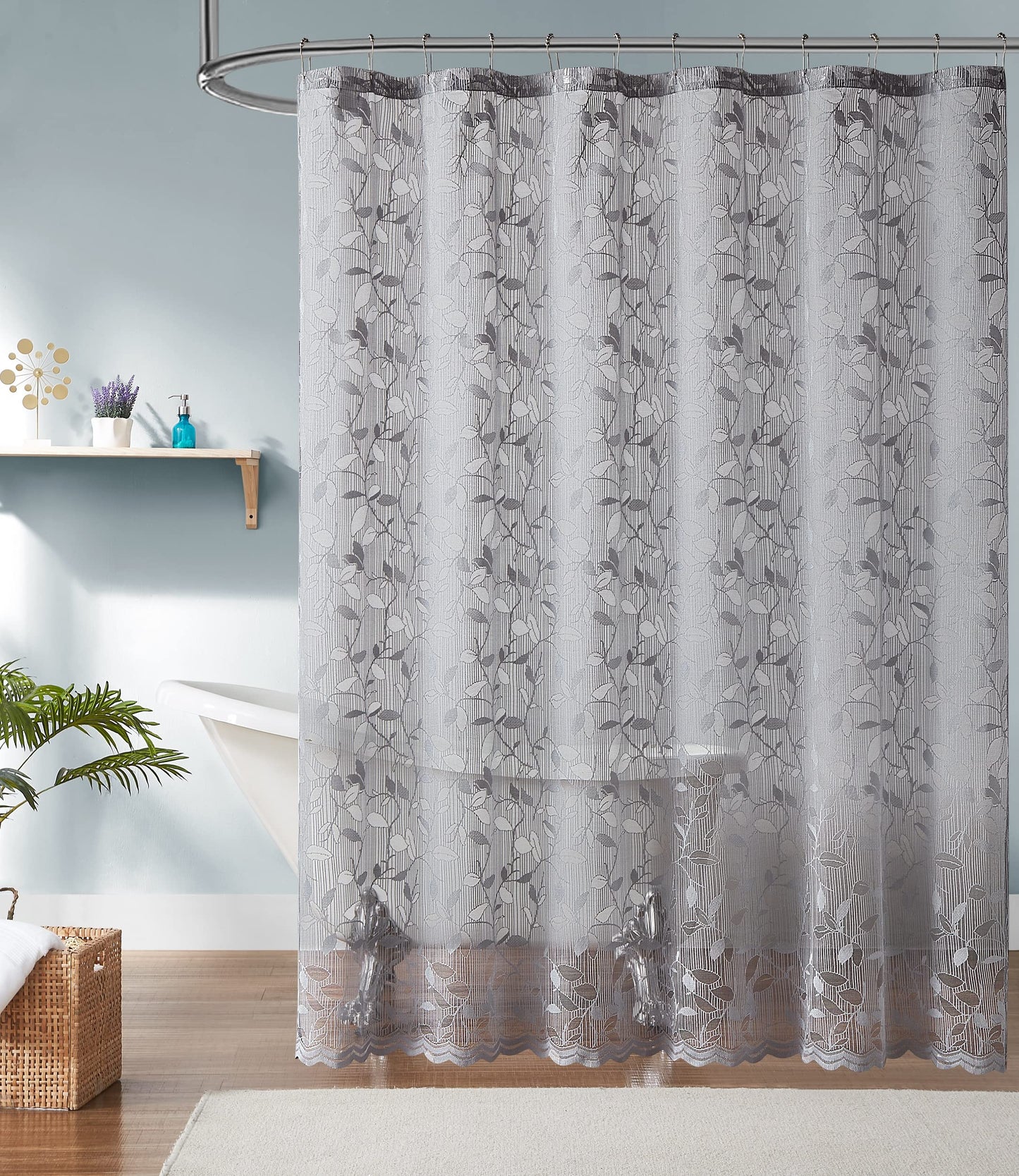 LinenZone Lace Shower Curtains with Elegant Leaf Design. 72 x 72 Size. Can Be Used As Both Rustic Shower Curtain or Modern Shower Curtain. Bathroom Curtain with Scalloped Bottom. (Grace 72 x 72 Grey)