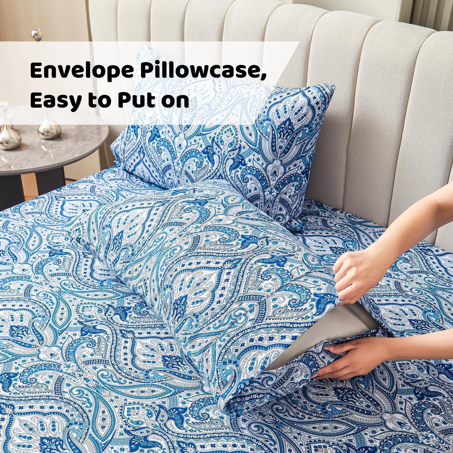 Softan Blue Paisley Printed Queen Size Sheet Set, Blue Floral Sheets Queen, Cozy Microfiber Fitted Sheet with 15" Deep Pocket & Non-Slip Straps, Flower Patterned Sheets & Pillowcase Sets