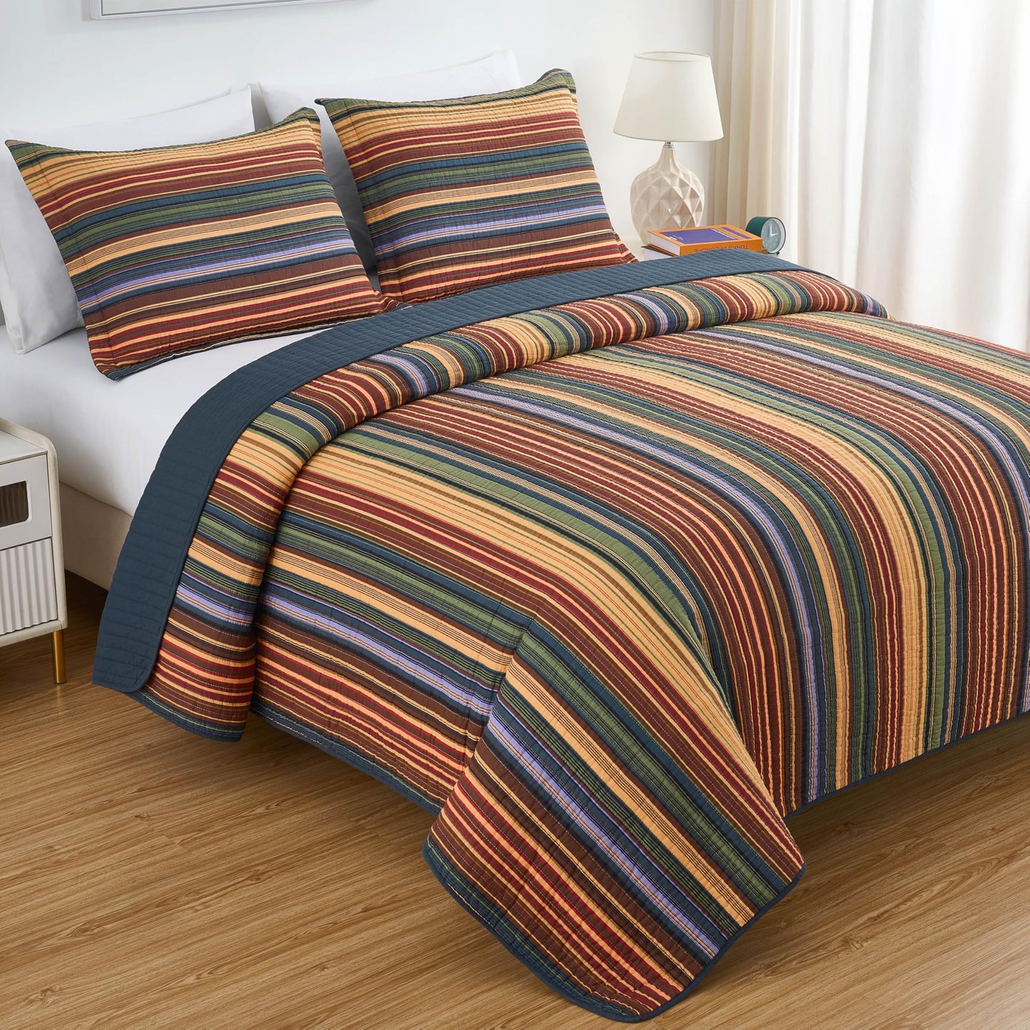 Chezmoi Collection Avery 2-piece Multi-Color Striped 100% Washed Cotton Quilt Set Twin Size