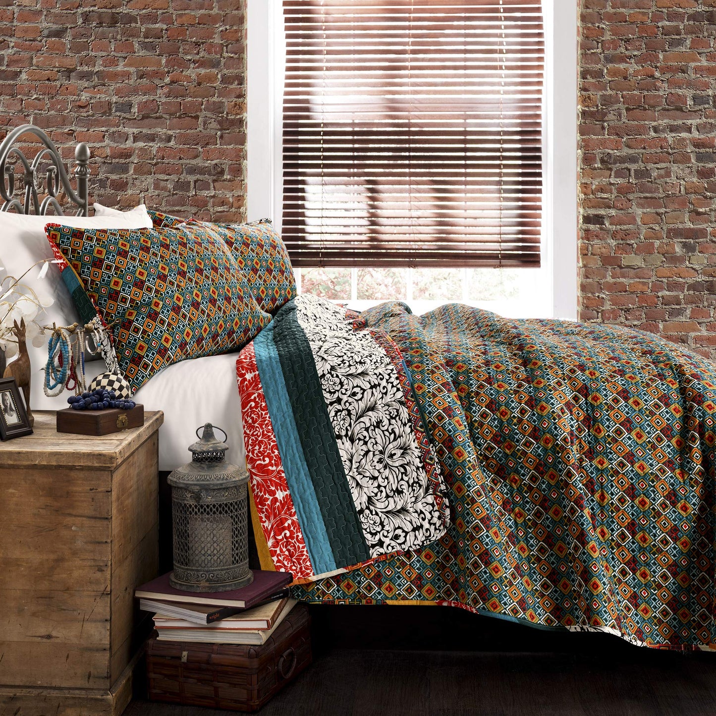 Lush Decor Boho Stripe Reversible Cotton Quilt 3-Piece Set, Full/ Queen, Turquoise & Tangerine - Bold Colorful Bohemian Bedding Set