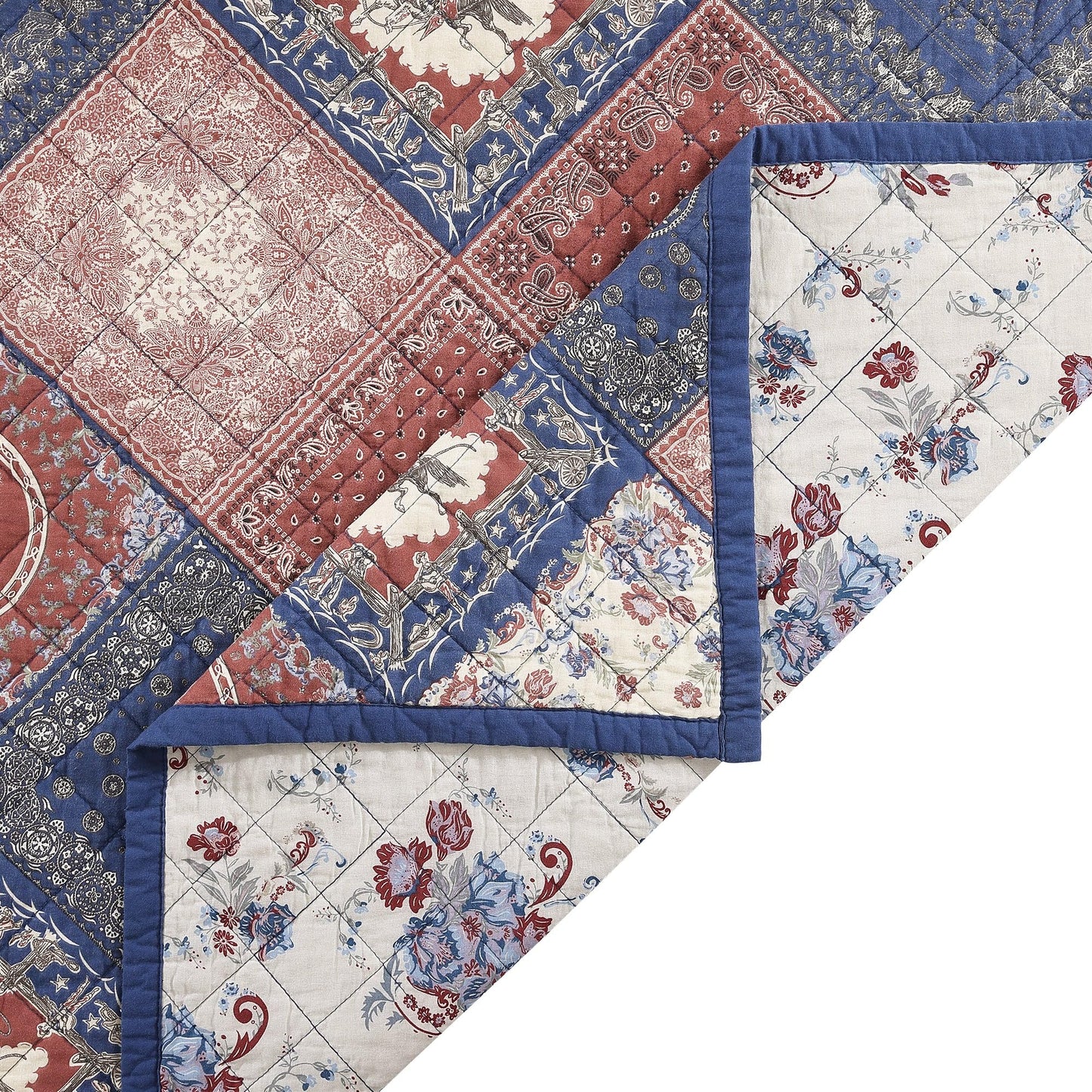 Paseo Road Tasha Polizzi Patchwork Bandana Western Bedding Sets, 3 Piece Queen Cotton Quilt Set, Red Blue Medallion Paisley Country Bedding, Reversible Floral Print Patchwork Quilt with Pillow Shams