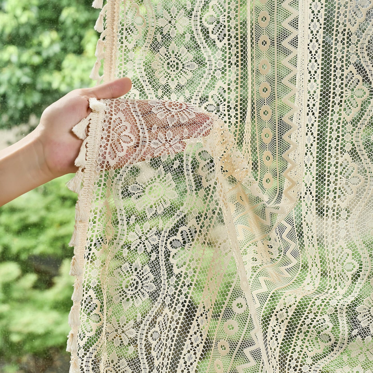 MYSKY HOME Beige Boho Lace Sheer Curtains with Tassels 84 Inch Length 2 Panels Vintage Floral Bohemian Pattern French Rustic Crochet Geometry Striped Rod Pocket Drapes for Living Room Bedroom, 55" W