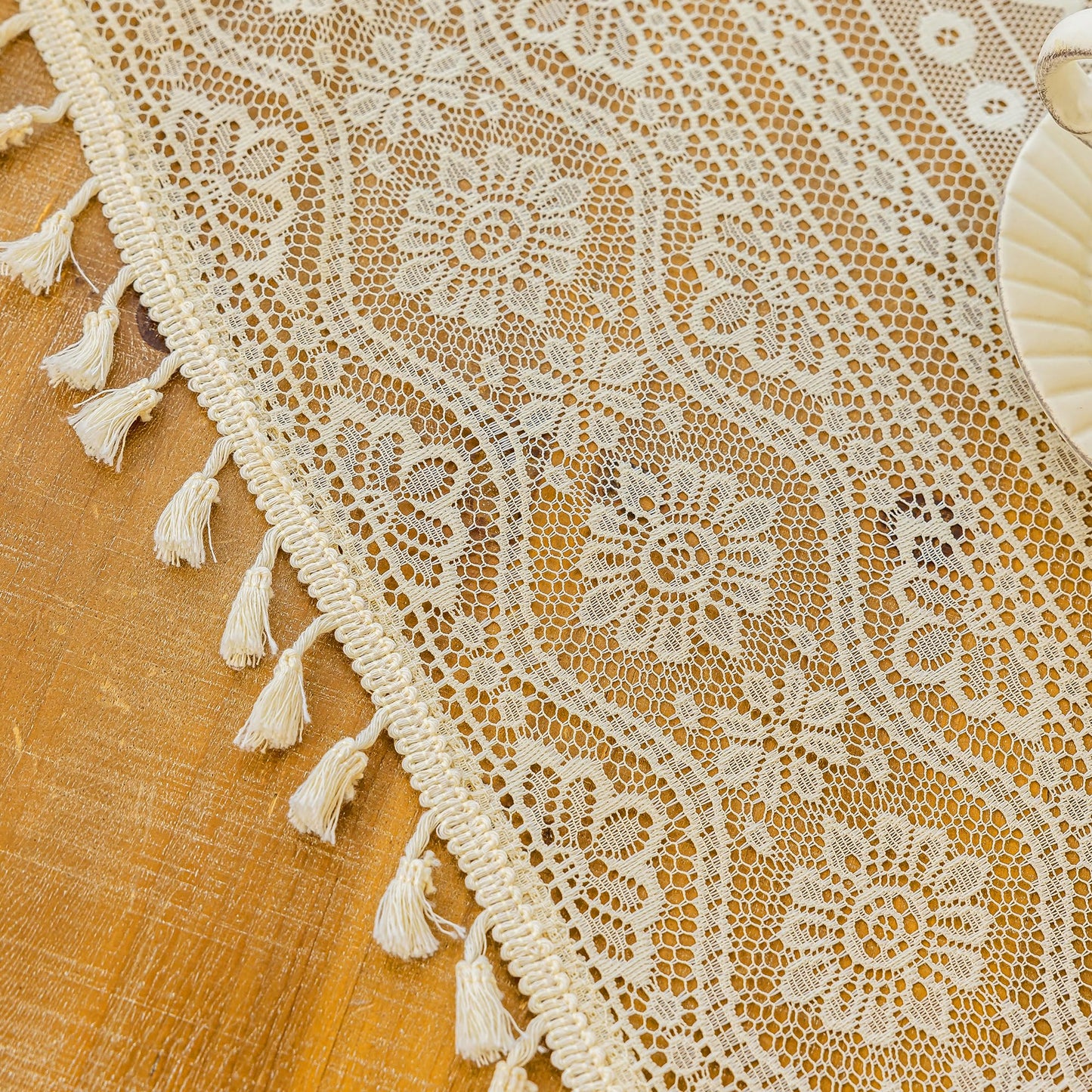 MYSKY HOME Beige Boho Lace Sheer Curtains with Tassels 84 Inch Length 2 Panels Vintage Floral Bohemian Pattern French Rustic Crochet Geometry Striped Rod Pocket Drapes for Living Room Bedroom, 55" W