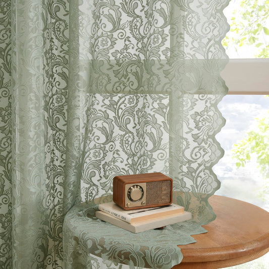 Bujasso Sage Green Lace Sheer Curtains 84 inch Length for Bedroom Living Room Vintage Floral Embroidered Window Drapes with Scalloped Edge,Light Filtering&Privacy,Rod Pocket 2 Panels 52Wx84L