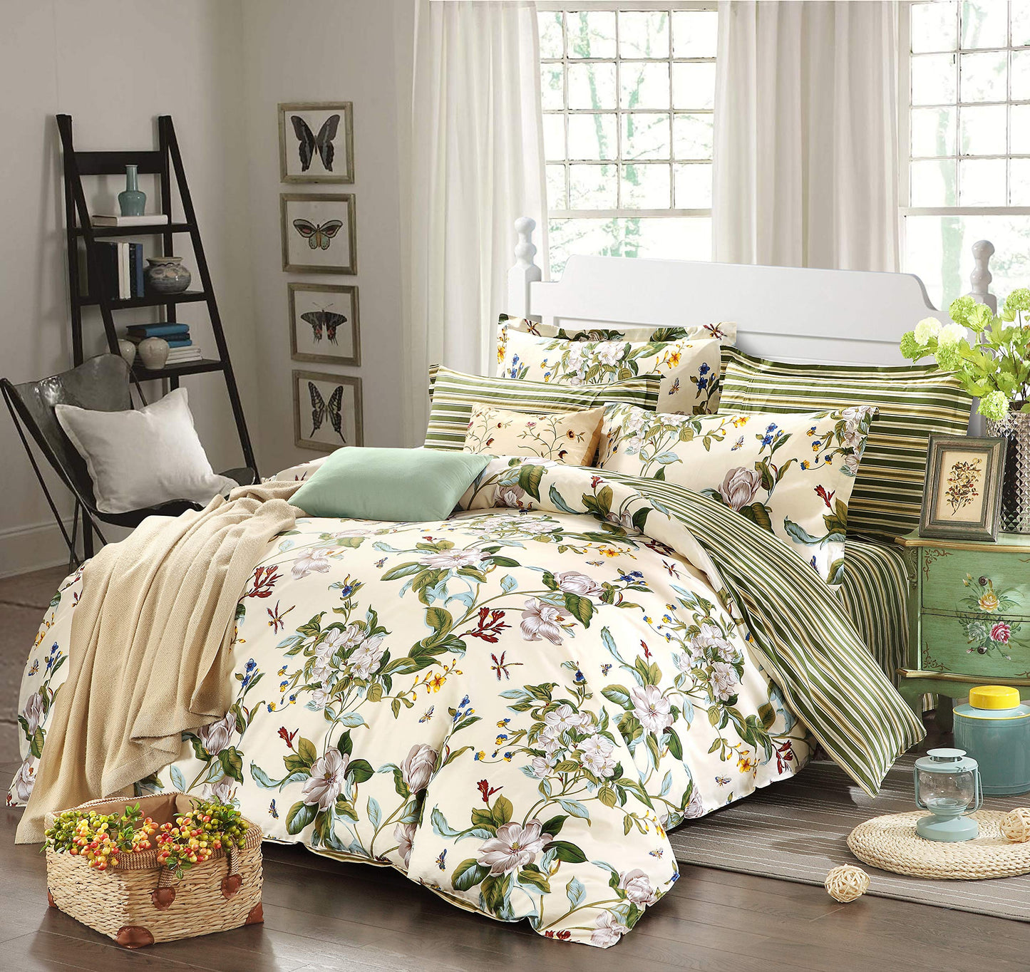 FADFAY Floral Duvet Cover Set 100% Cotton Green and Beige Striped Shabby Flower Bedding Branches Summer Bedding Reversible 600 TC Soft Zipper Comforter Cover & 2 Pillowcases，Full