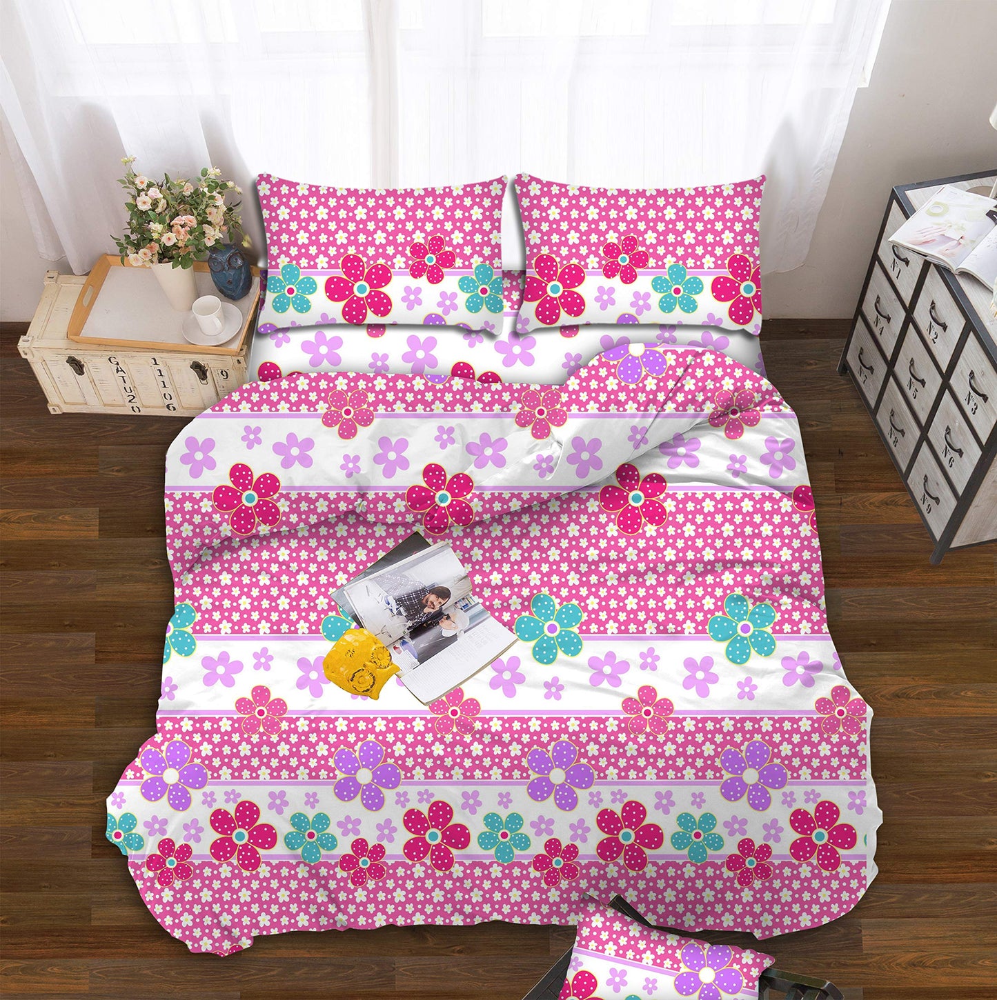 All American Collection Kids Boys Girls Teens Children Soft Comfortable Printed Fitted Flat Bedroom Bed Sheet Set (Twin, Pink Flowers)