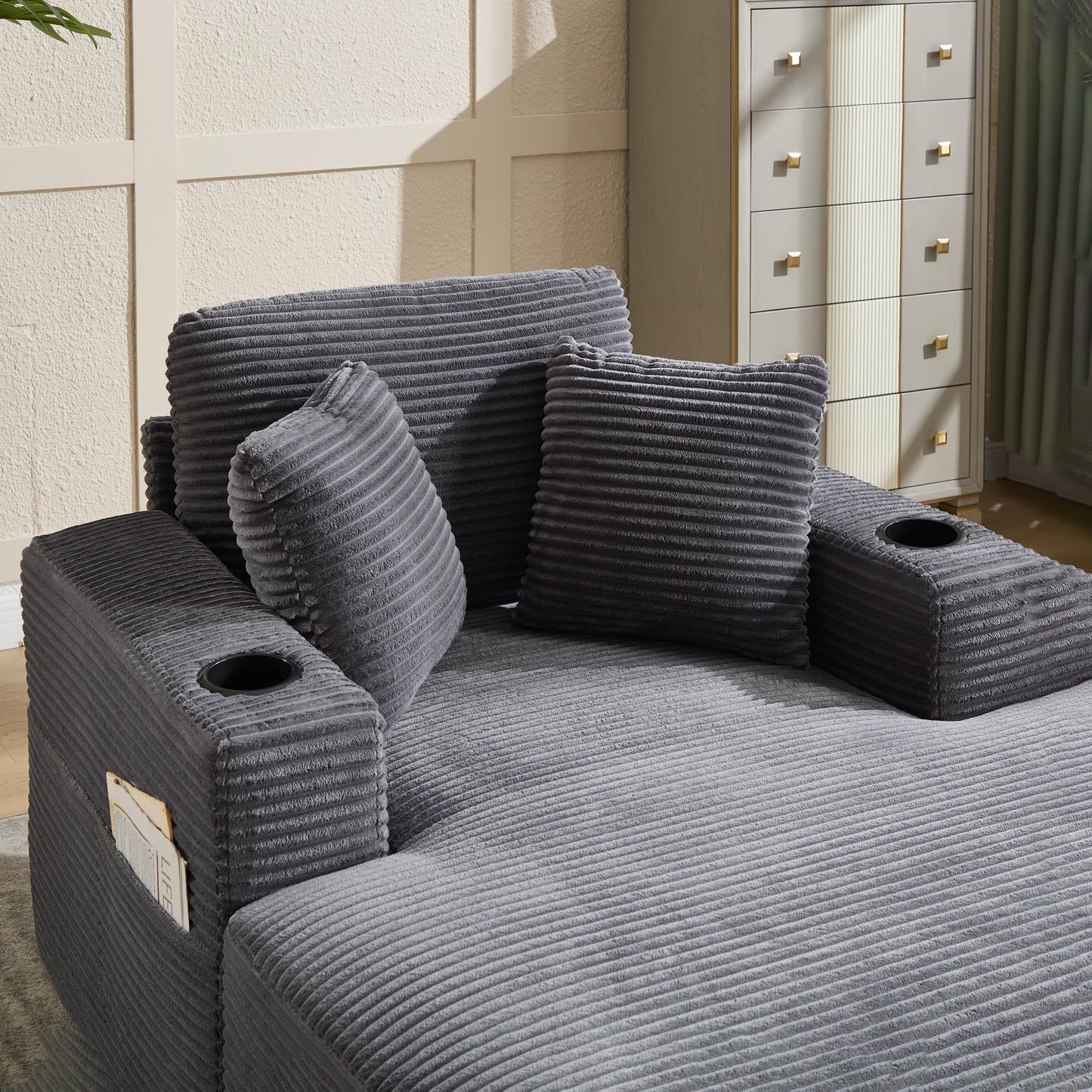 Eafurn Oversized Chaise Lounge Chair Indoor, Modern Corduroy Sleeper Daybed with 2 Cup Holders and Side Pockets, Comfy Upholstered Reading Chair with Solid Wood Frame for Living Room, Bedroom