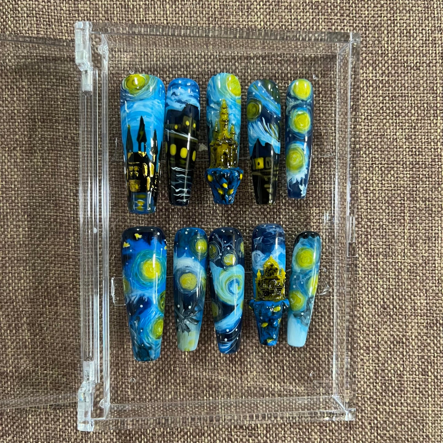 Press on Nails Handmade Nails 10Pcs Watercolor Style Style Hand-painted Monet's Garden Manual Press on Nails for Women Party Holiday Photo 40mm Long Size L
