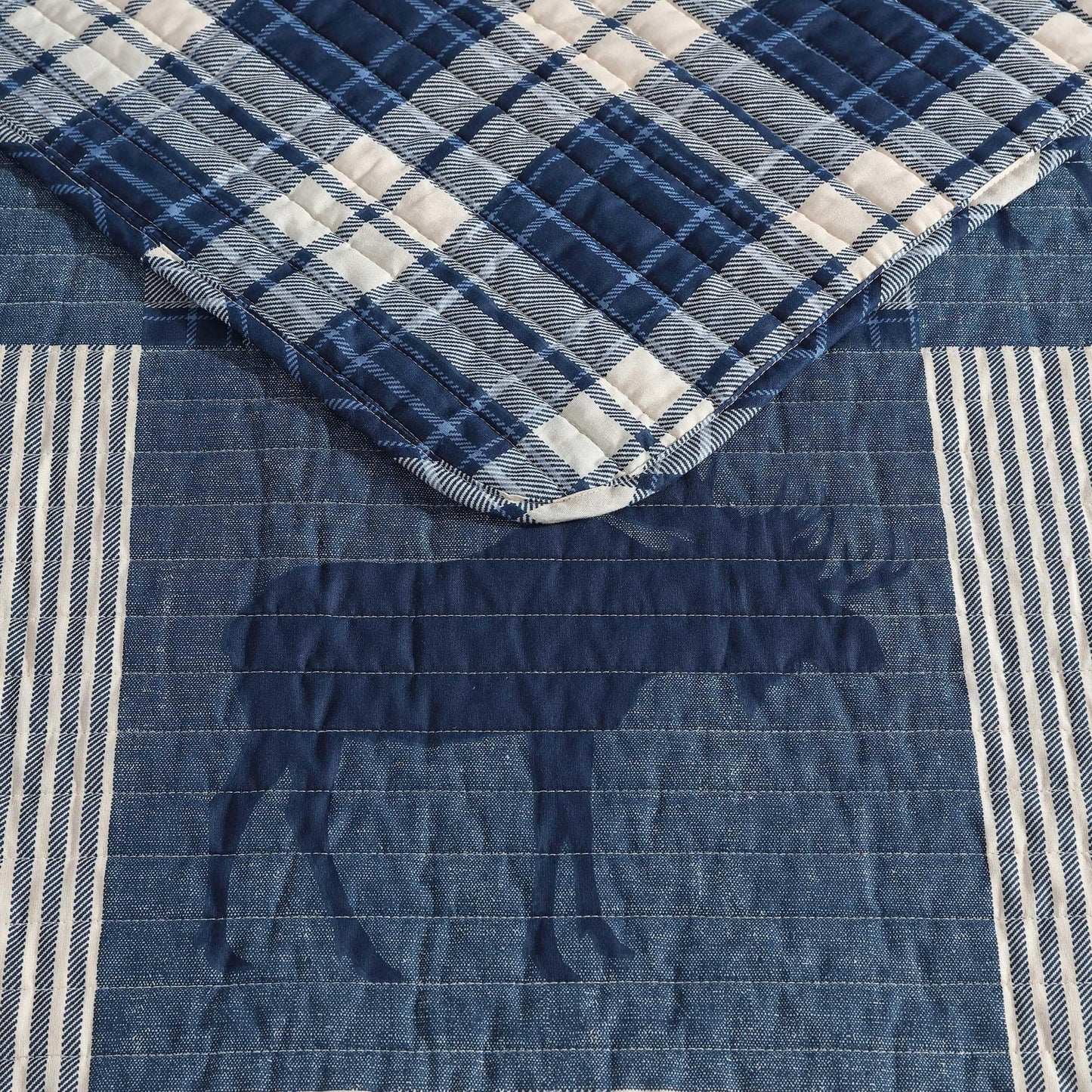Eddie Bauer - King Quilt Set, Naturally Soft Cotton Bedding w/a Lightweight Feel for All-Year Comfort, Reversible w/Matching Pillowcases, 3 Piece Bed Set (Moose Plaid/Pinstripe/Patchwork Blue)