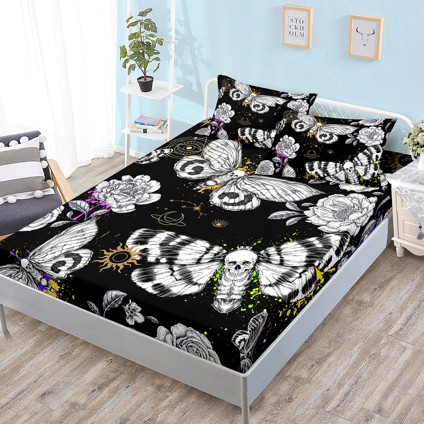 HOSIMA Death Moth Skull Heads Fitted Sheet Horror Theme Halloween Bedding,Goth Bedding Butterfly Bed Set Twin Bed in A Bag Sets for Adults Boys Girls Room Decor Floral Sheets Deep Pocket.