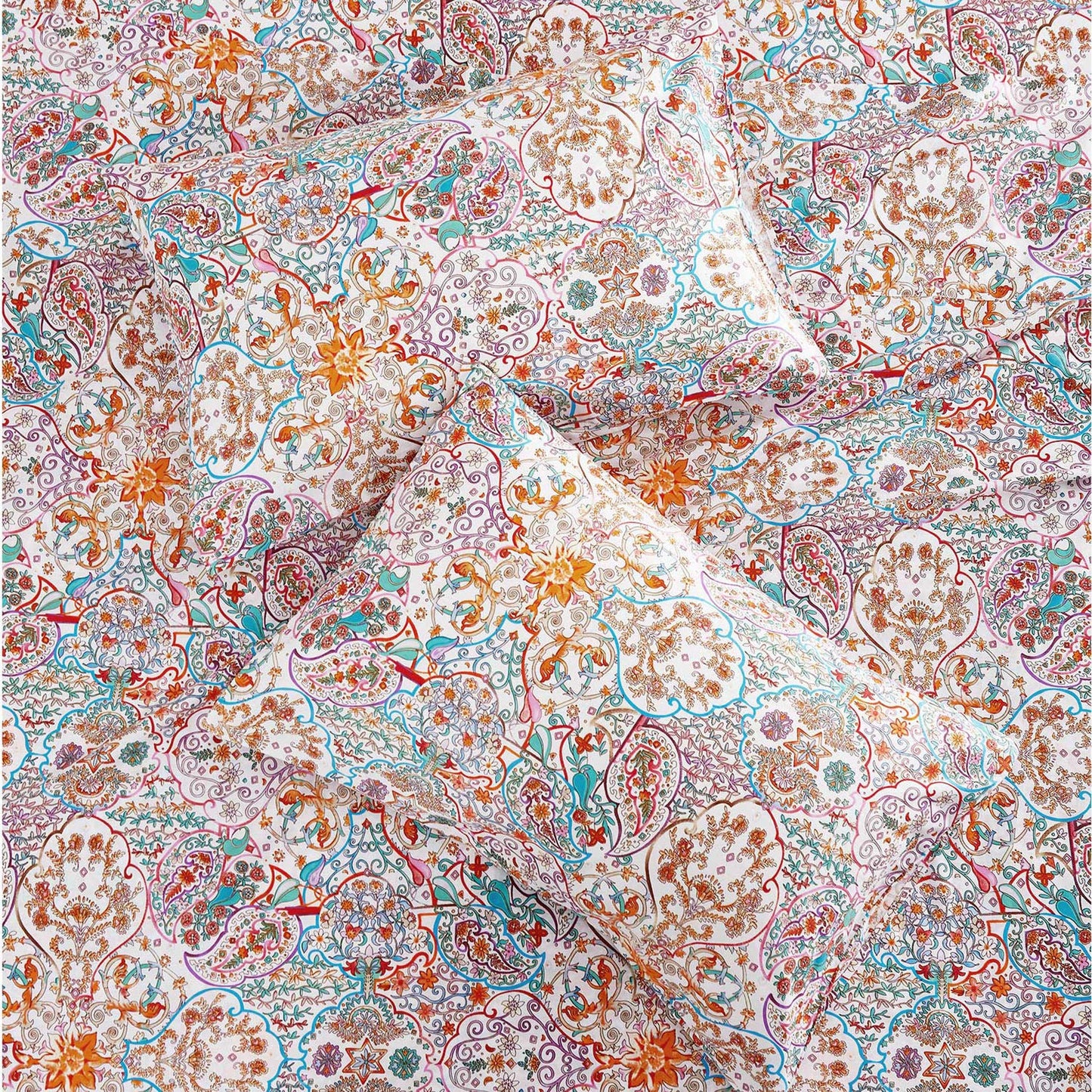 Wake In Cloud - Boho Bed Sheets, 100% Cotton, 4-Piece Sheet Set, Bohemian Hippie Chic Paisley Patterned Aesthetic Bedding, Deep Pocket, Turquoise Orange, Queen Size