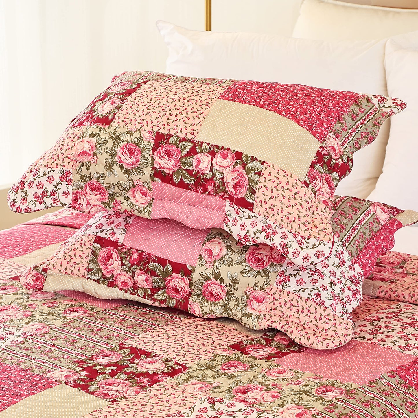 Cmfshape Summer Floral Queen Quilted Bedspread,Romantic Pink Quilt Set Full,Reversible Stitched Bedding Set All Season,Soft Lightweight Coverlet with Pillow Cases (Hot Pink&Rose, Queen90 x90)