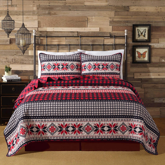 Soul & Lane Season of Joy Plaid Quilt Bedding - Queen with 2 Shams: Christmas Bedding Queen Size, Red Buffalo Plaid Lightweight Bedspread, Farmhouse Patchwork Quilt, Vintage Coverlet