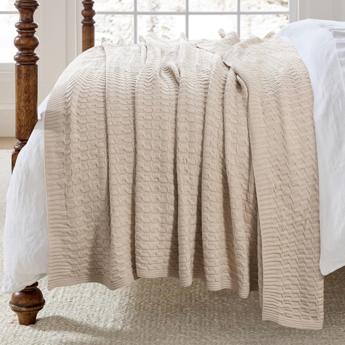 WDCOZY Cable Knit Throw Blanket – Super Soft, Warm & Lightweight Knitted Jacquard Throw Blanket for Couch, Sofa, Bed, Chair, Cozy Texture Farmhouse Decorative Home Blanket, Beige 50x60 inches