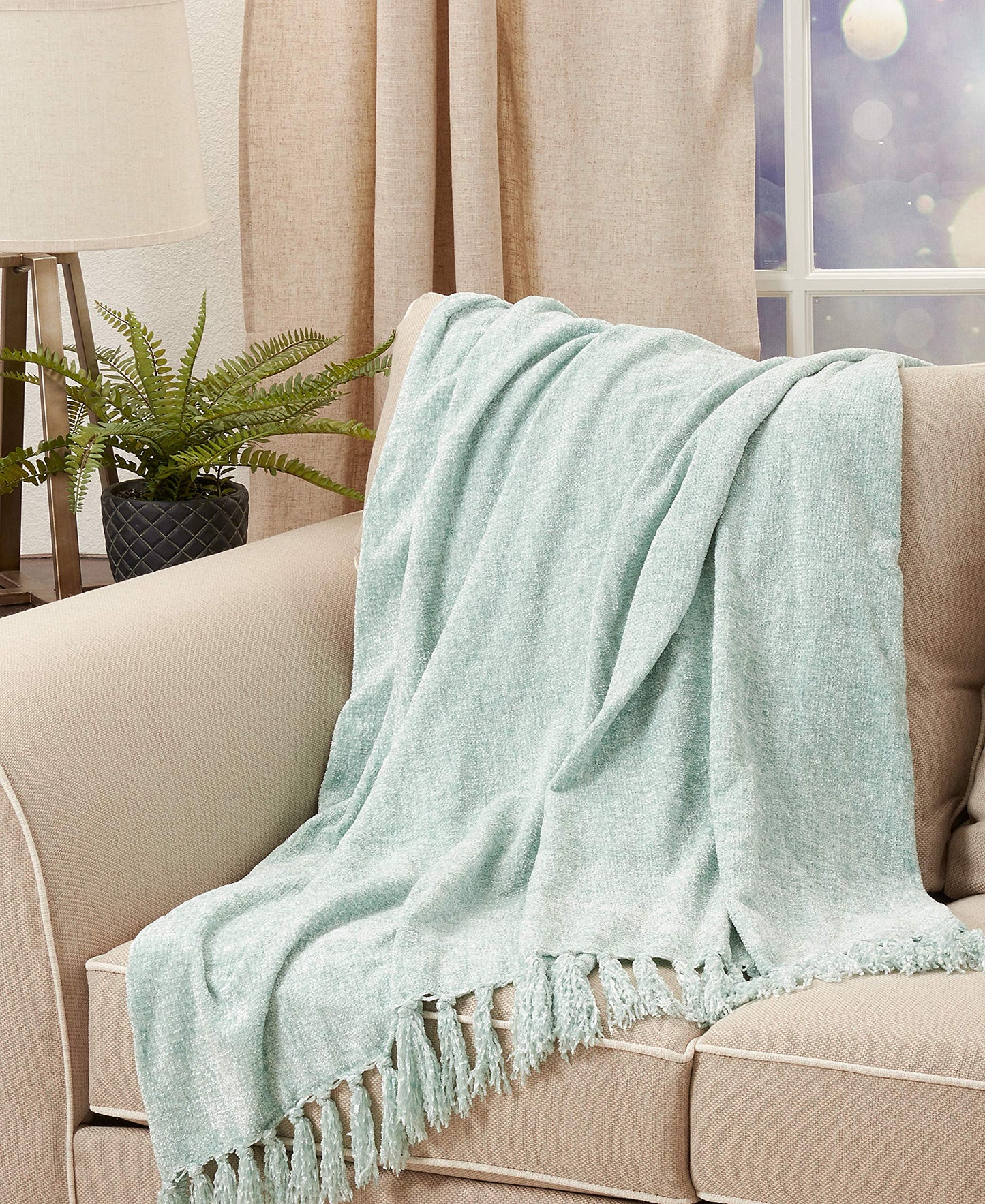 SARO LIFESTYLE Chenille Throw Blanket with Fringed Edge, Aqua, 50"x60"