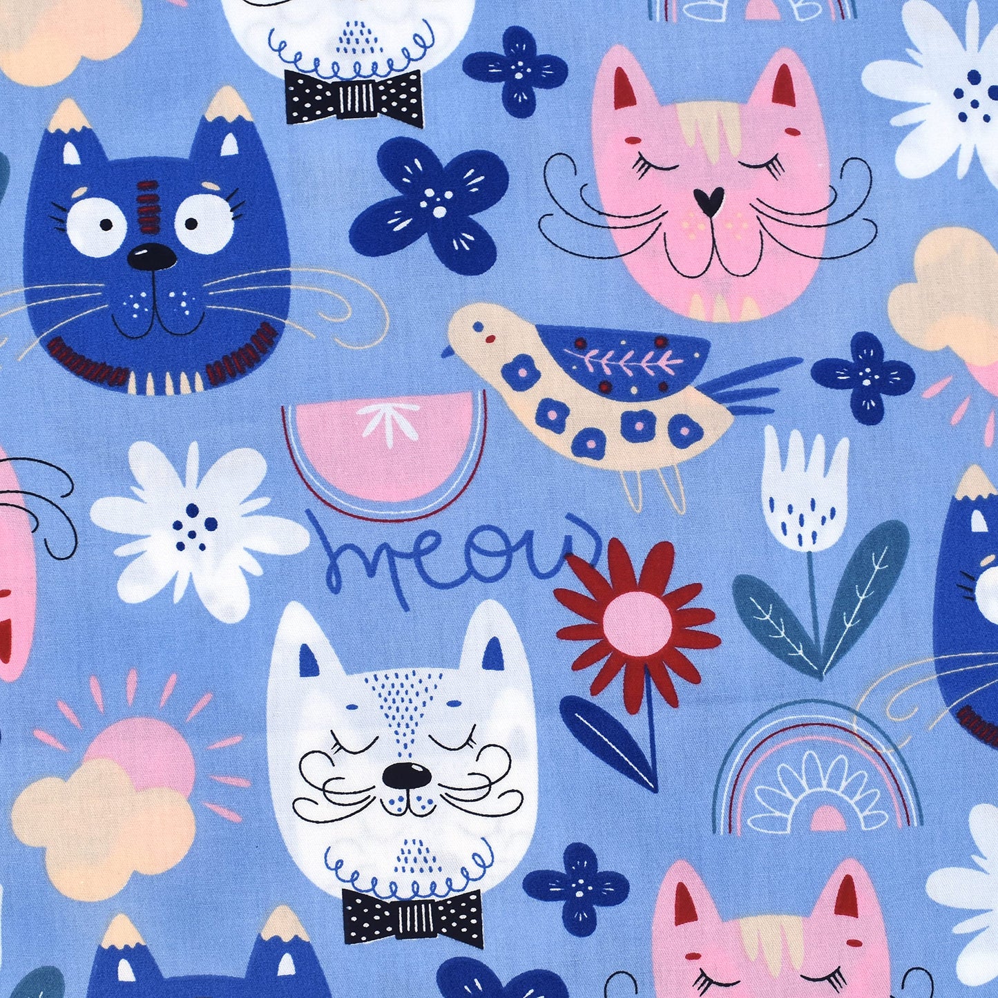 J-pinno Kids Painting Cat Kitty Flower Birds Blue Adorable 100% Cotton Twin 3 Pieces Sheet Set Bedroom Decoration Gift Flat Sheet + Fitted Sheet + Pillowcase Bedding Set for Unisex Boys Girls
