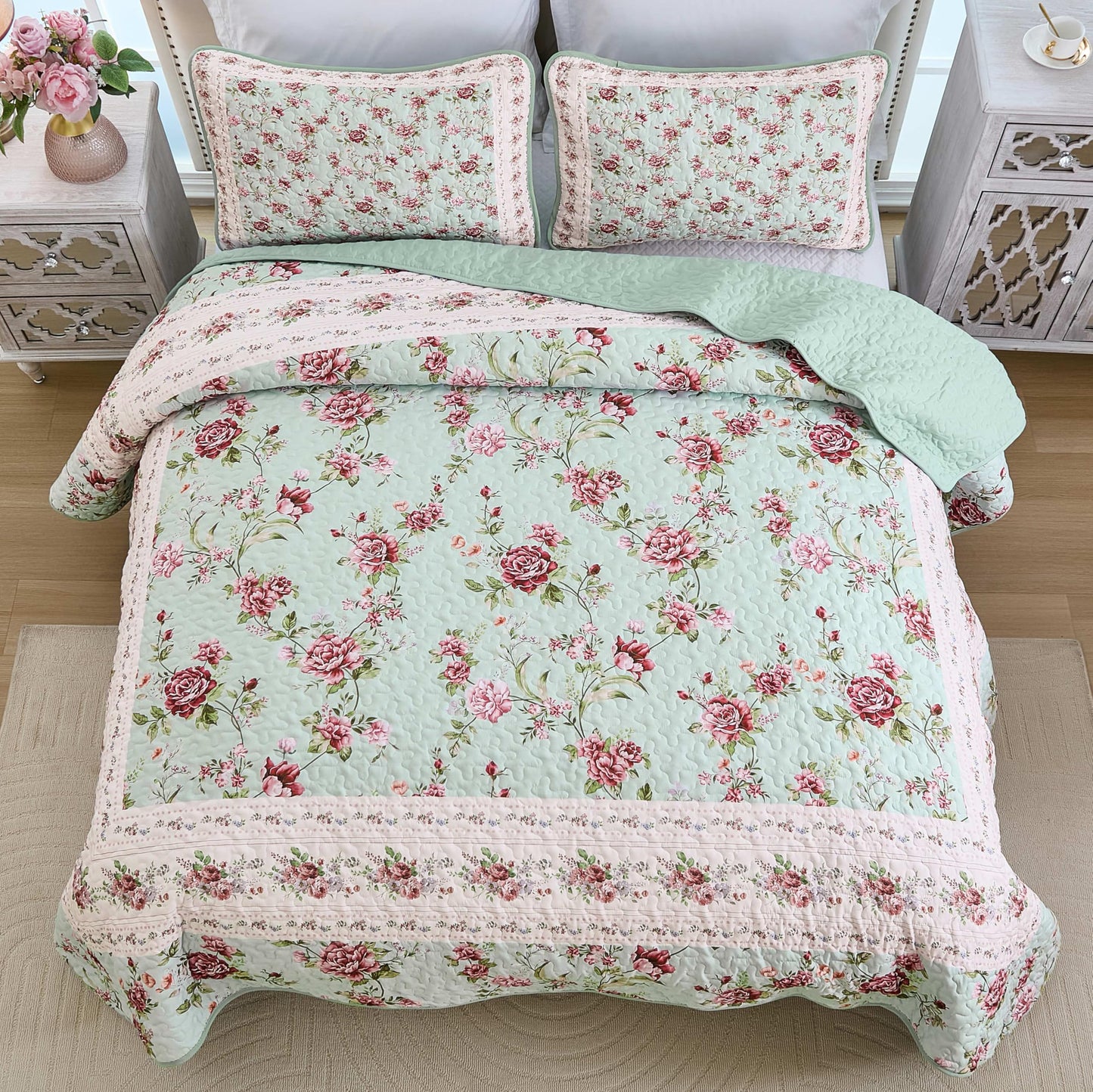 Xruibed Floral Quilt Set Queen Size, 3PCs Antique Rose Green Bedspread Coverlet Set, Lightweight Soft Microfiber Green Quilt Set with 2 Pillowcases for All Season (Queen Size 96"x90")