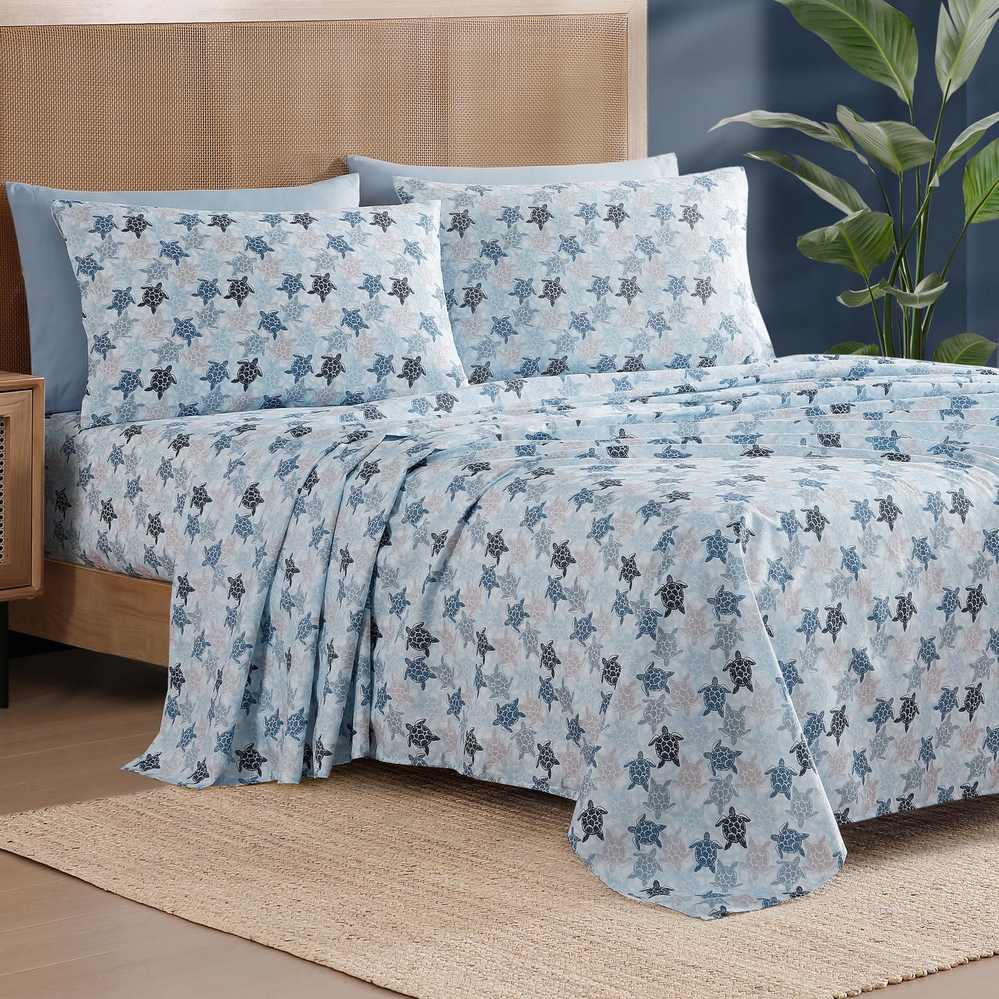 Caribbean Joe 6-Piece Sheet Set with Cooling Pillowcases, 12-inch Deep Pockets, Tropical Beach Coastal Design, Queen, Fanta Sea Blue