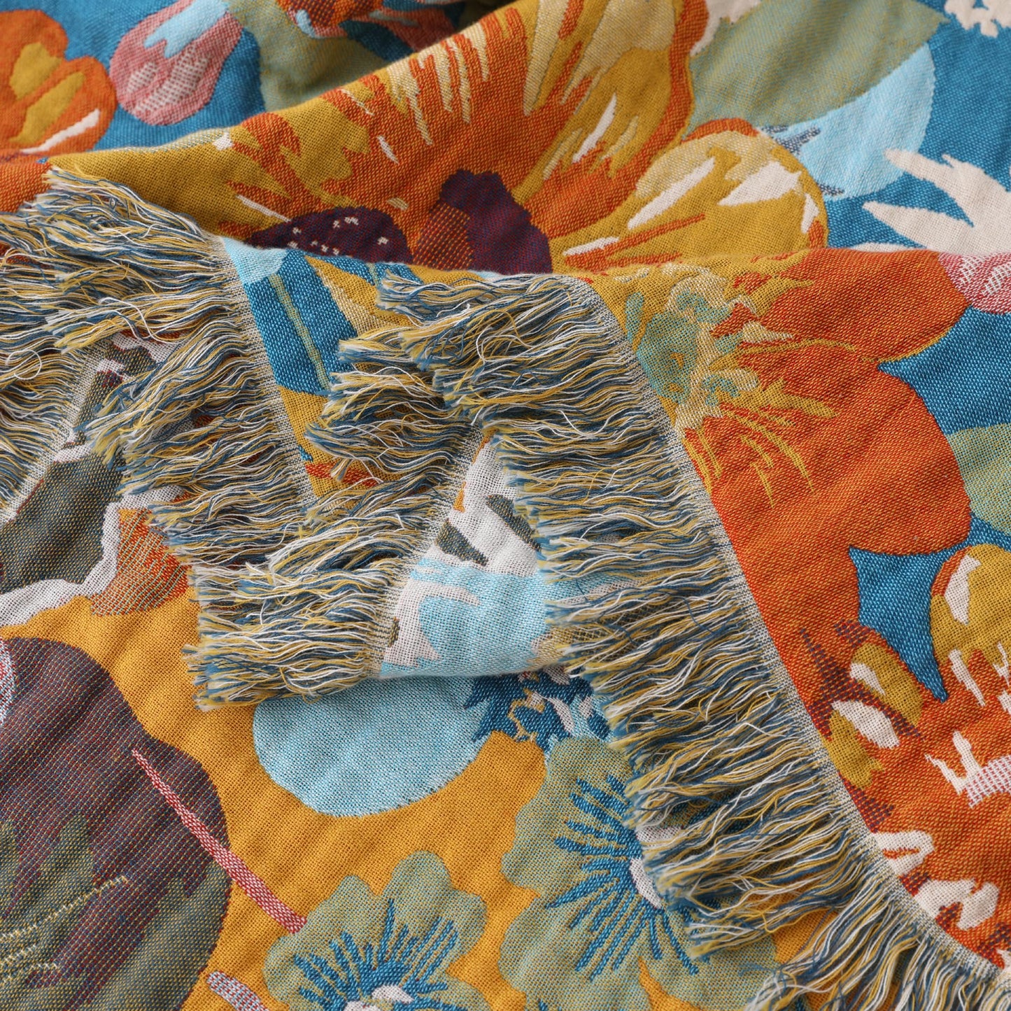 BRYALIX 100% Cotton Muslin Floral Throw Blanket, Butterfly Pattern, Lightweight Quilt, Boho Farmhouse Decorative Fringed Reversible Jacquard Throw for Home, Picnic, Travel, 60"x80"