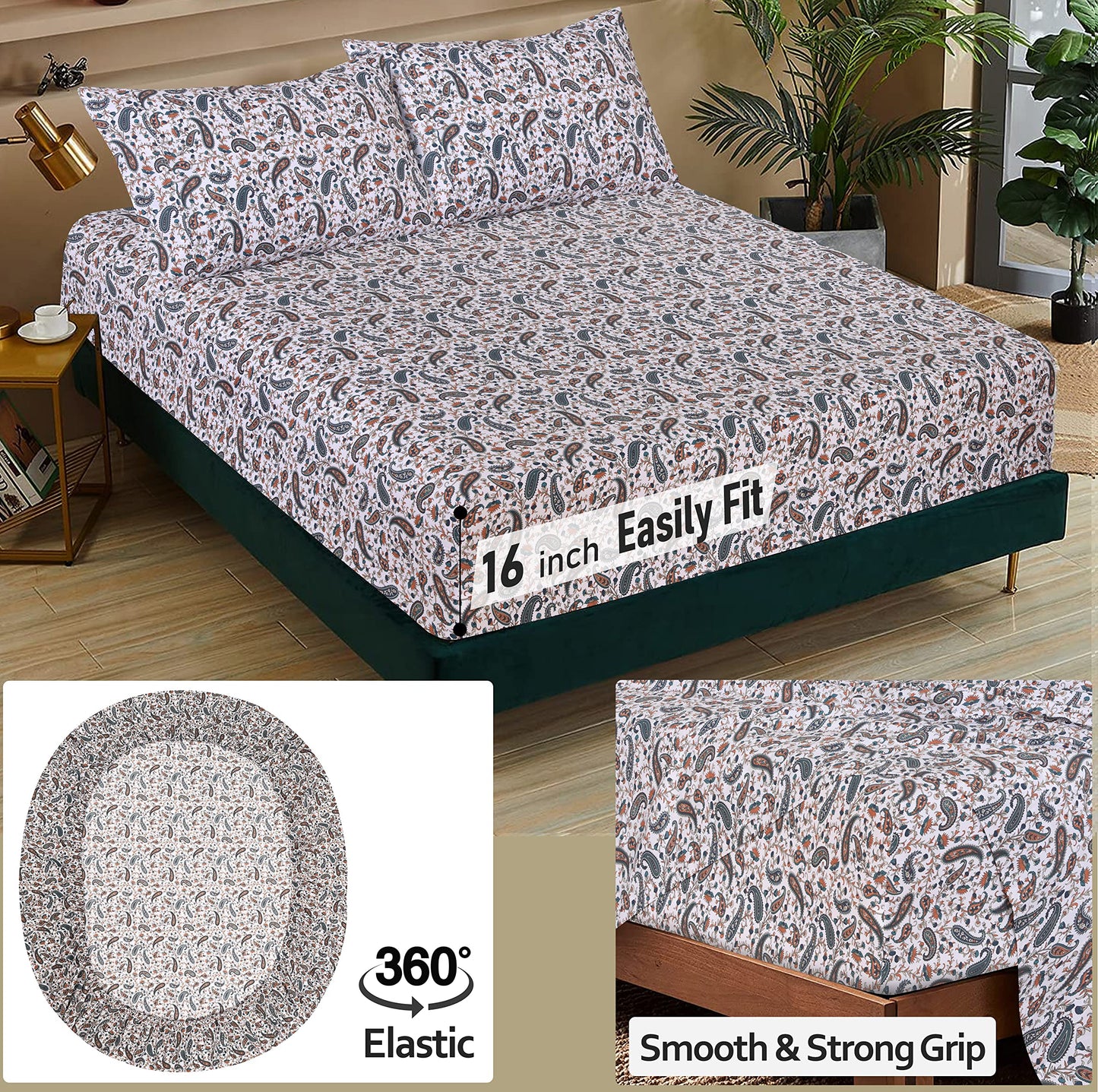 RUVANTI 100% Cotton Percale Sheets, Full Size, Teal Paisley