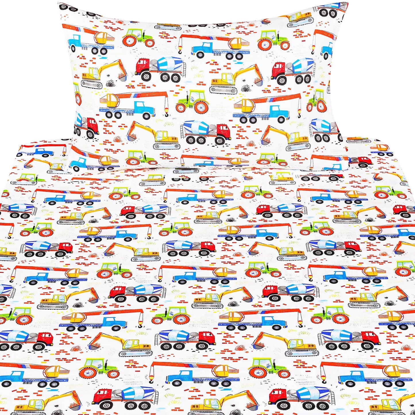 J-pinno Building Machine Excavator Concrete Mixer Tracor Crane Cars Twin Sheet Set for Kids Girls Boys Children,100% Cotton, Flat Sheet + Fitted Sheet + Pillowcase Bedding Decoration Gift Set