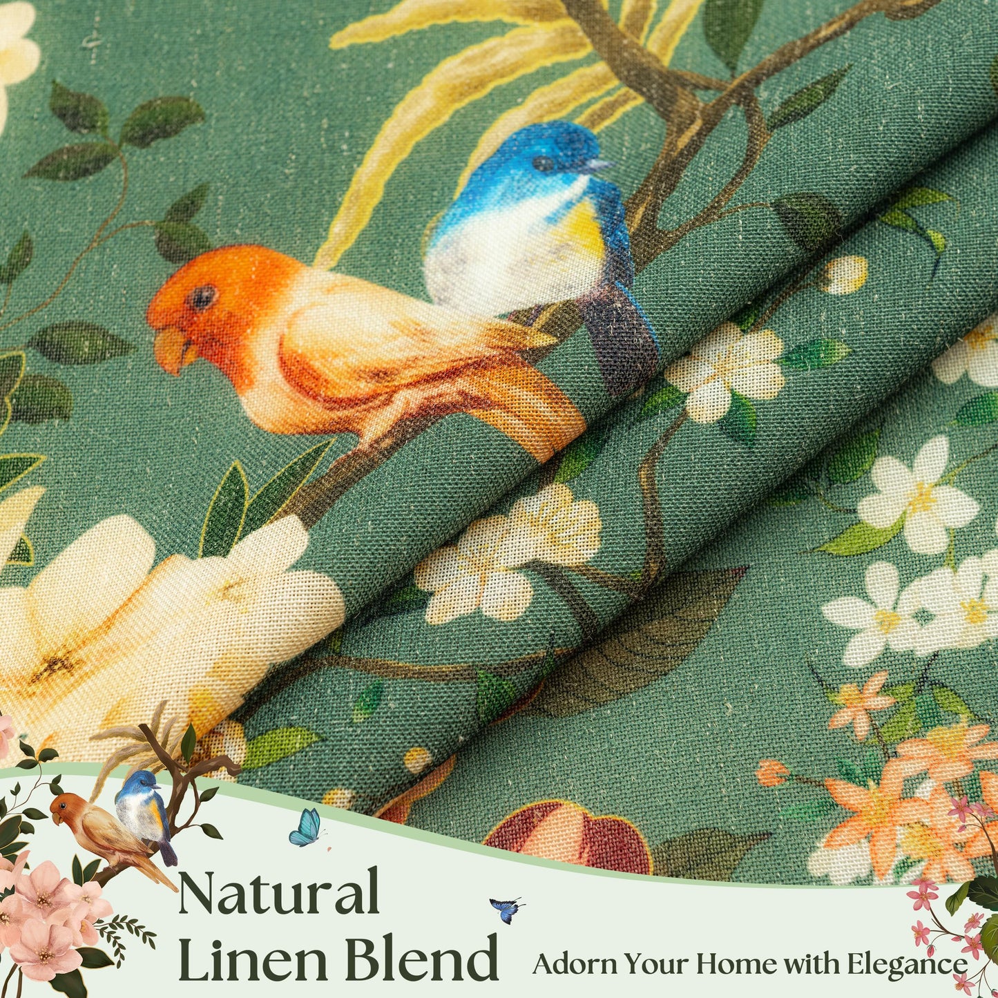 Olive Green Floral Linen Curtains for Living Room 84 Inches Long 2 Panels
