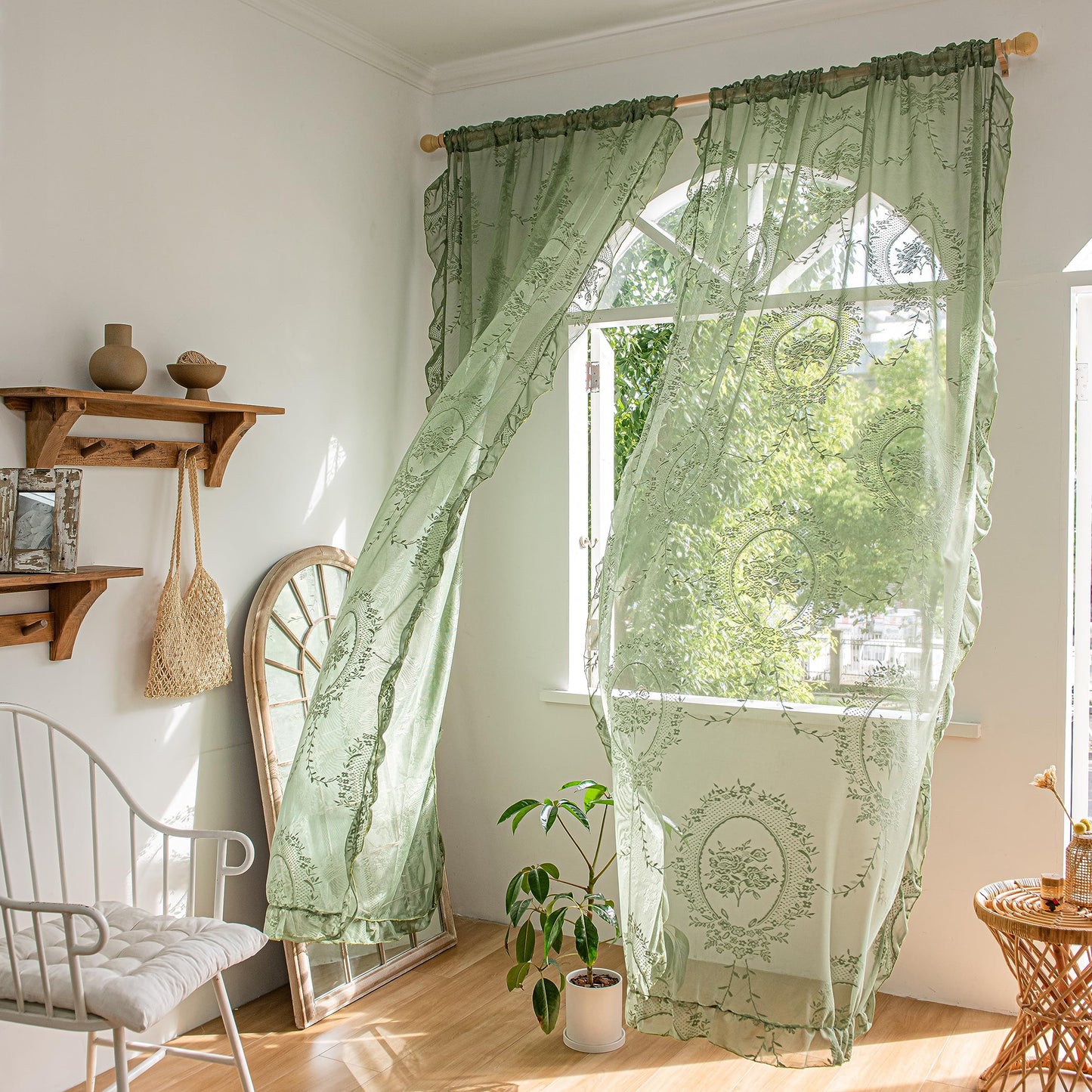 Lavyhuno Lace Curtains 84 Inches Long for Bedroom Living Room 2 Panels, Farmhouse Florals Embroidery Sheer Privacy Drapes for Christmas Decor Window Treatments Rod Pocket, W57 X L84 Olive Green