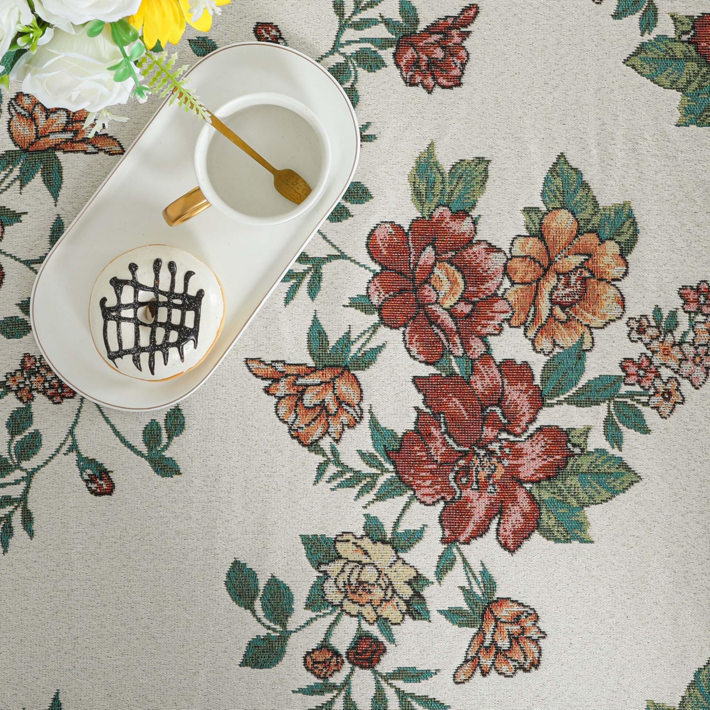 Dimatic Cotton and Linen Rectangular Tablecloth with Botanical Elements for Desks, Dining Tables, Home Table Cloths, Party and Holiday Decorations, Red 55 x 94 Inches