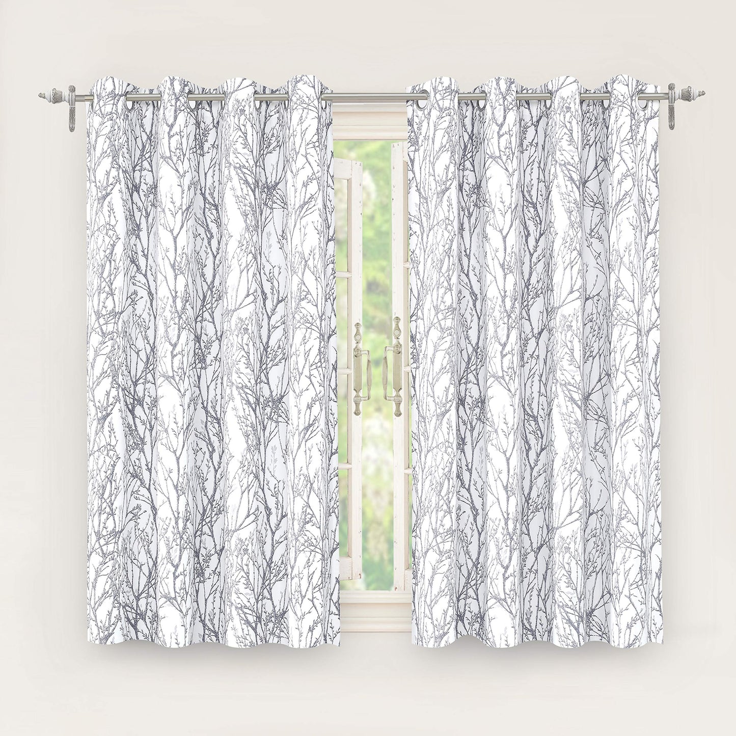 DriftAway Tree Branch Blackout Curtains Double Layer 54 Inches Long for Bedroom Printed Patterned Classic Thermal Insulated Summer Sound Lined Grommet Drapes for Living Room 2 Panels Gray/White