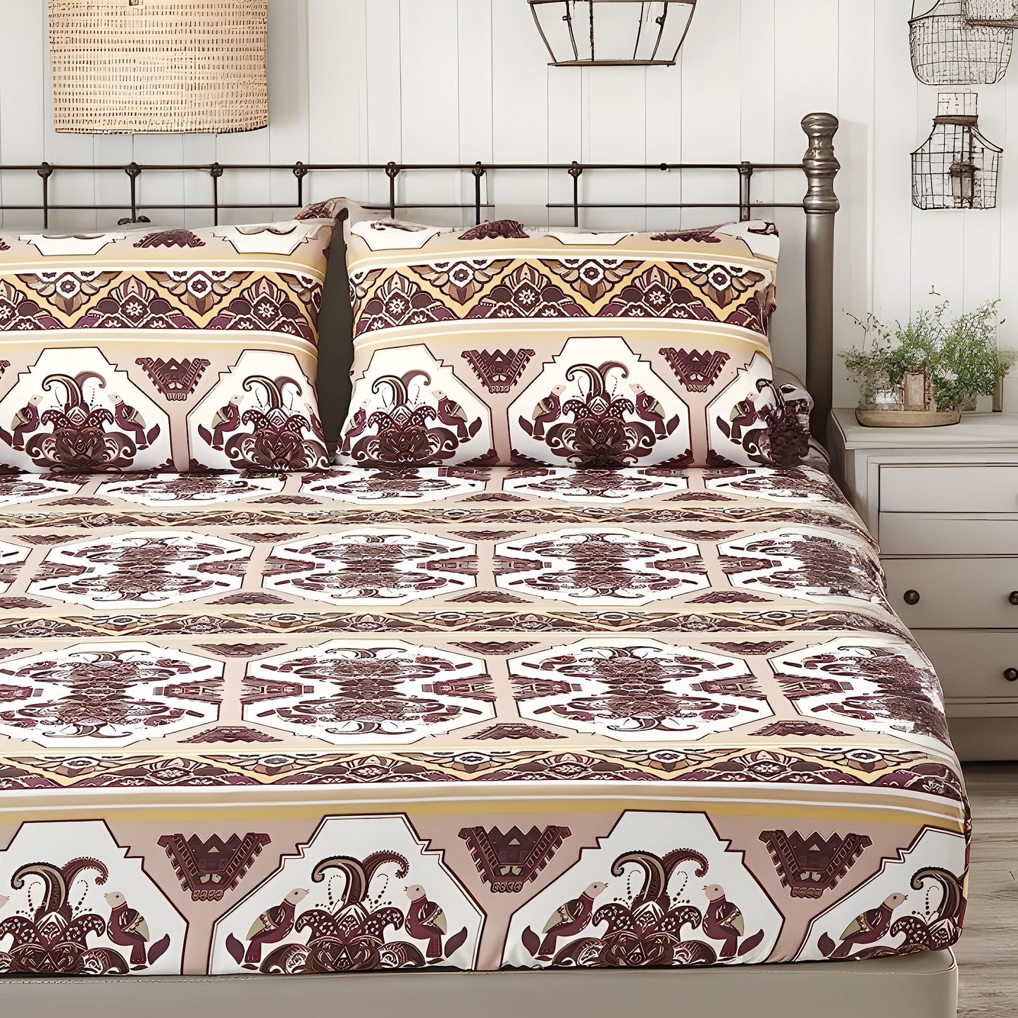 DaDa Bedding Farmhouse Bohemian Fitted Sheet - w/Pillow Cases Tribal Persian Filigree Majestic Rustic Kilim Traditional Design Intricate Ornate Vintage Pink Brown - Twin - 2-Pieces