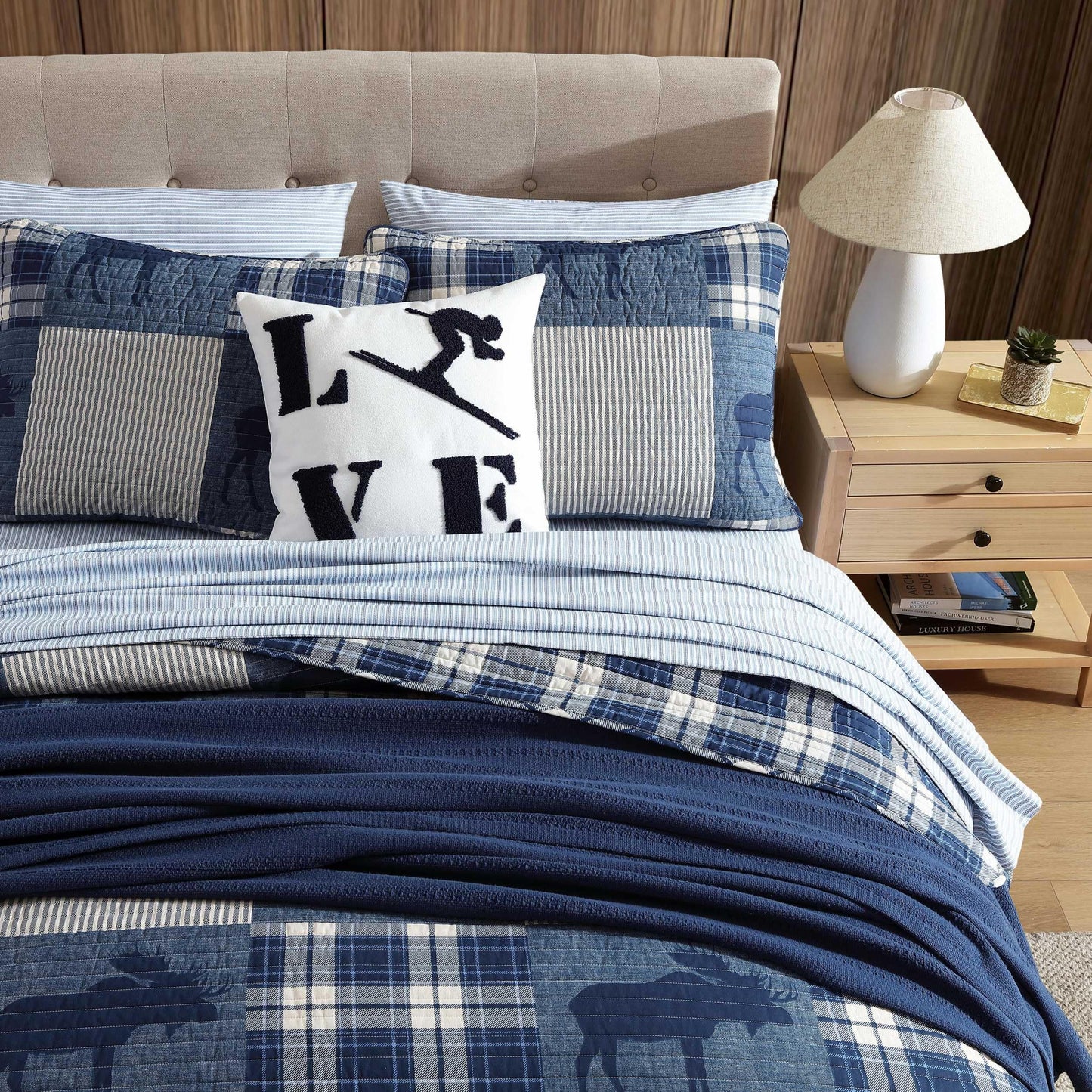 Eddie Bauer - King Quilt Set, Naturally Soft Cotton Bedding w/a Lightweight Feel for All-Year Comfort, Reversible w/Matching Pillowcases, 3 Piece Bed Set (Moose Plaid/Pinstripe/Patchwork Blue)