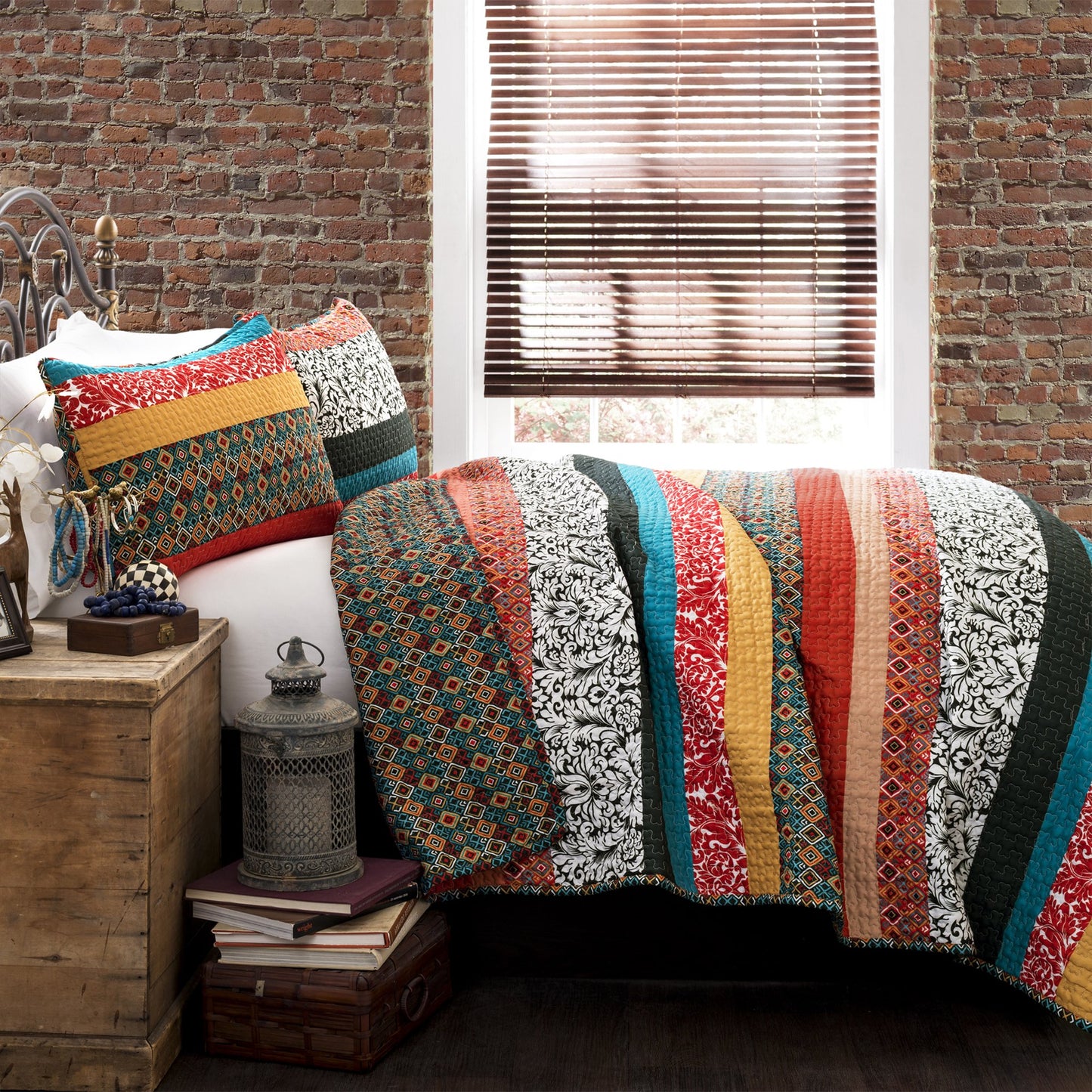 Lush Decor Boho Stripe Reversible Cotton Quilt 3-Piece Set, Full/ Queen, Turquoise & Tangerine - Bold Colorful Bohemian Bedding Set