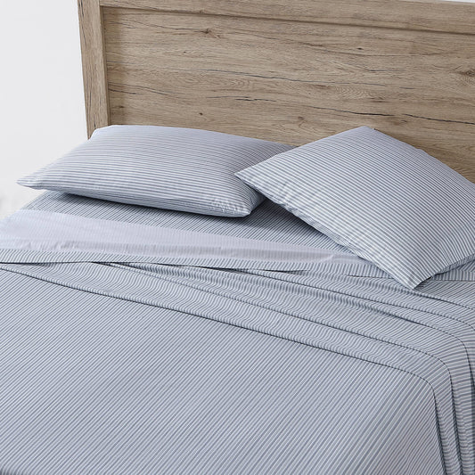 Eddie Bauer - Twin Sheet Set with Fitted Sheet & Pillowcase, 100% Cotton Percale Bedding, Crisp & Cool, Dorm Room Essentials, Ticking Stripe Light Blue