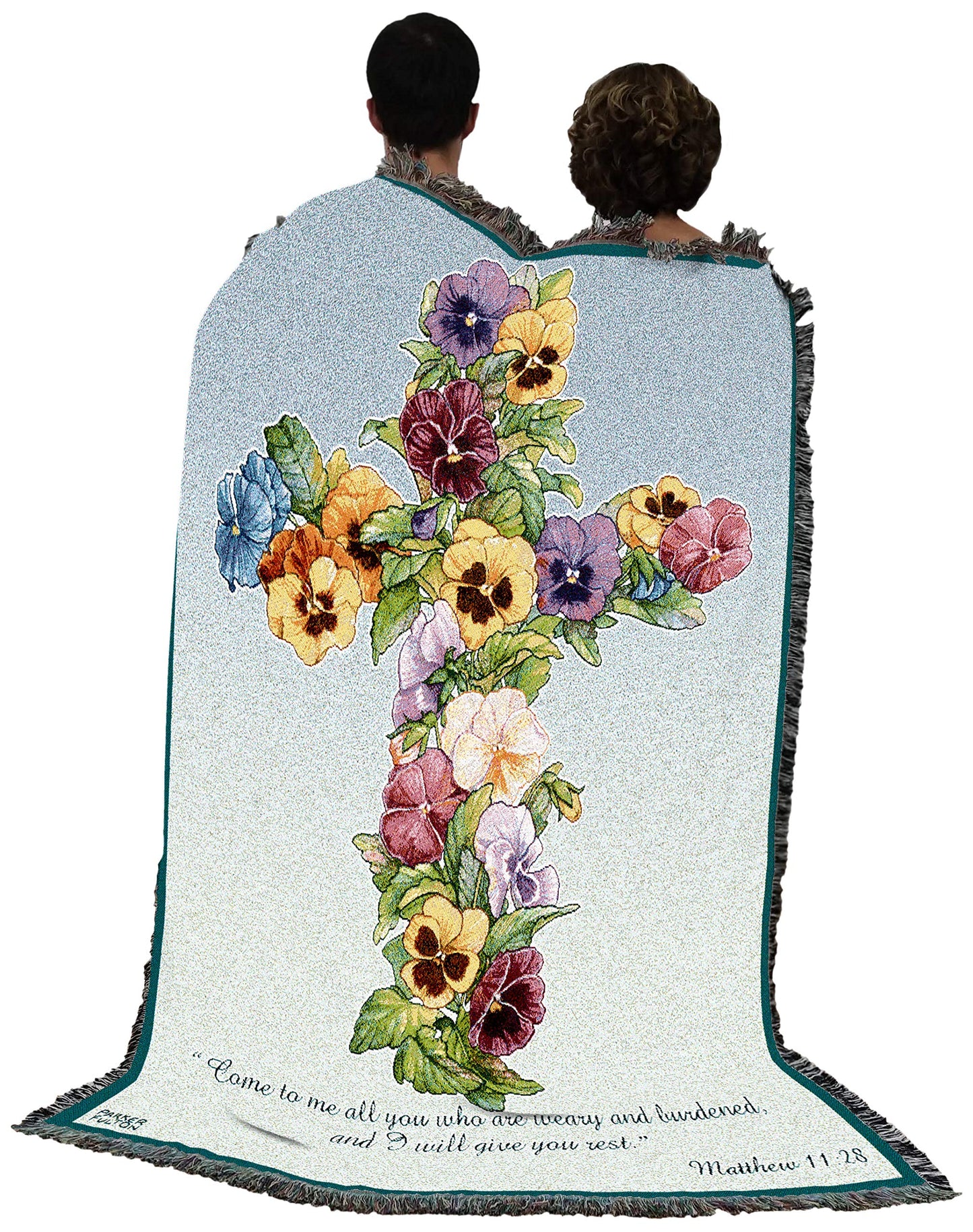 Pansy Cross Blanket by Parker Fulton - Come To Me All You Who Are Weary - Scriptures Matthew 11:28 - Sympathy Bereavement Gift Tapestry Throw Woven from Cotton - Made in the USA (72x54)