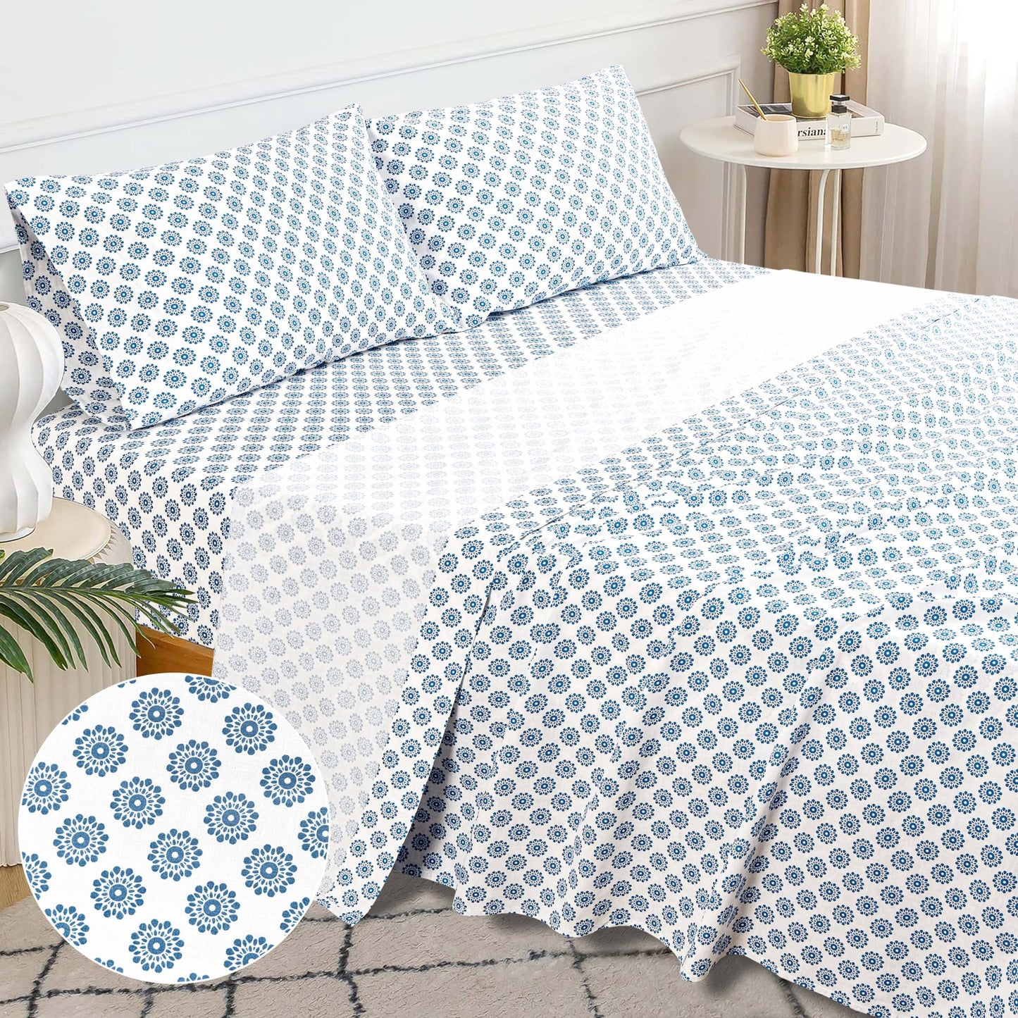 Sleepdown Cotton Bed Sheet Set - Mandalas Blue, Queen