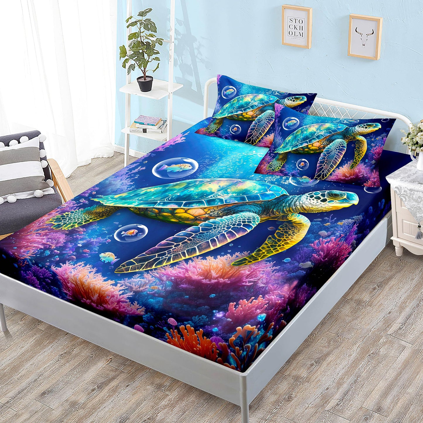 HOSIMA Sea Animal Bedding Set Turtle Fitted Sheet,Ocean Beach Theme Bedding Clownfish Coral Bed in A Bag Full Size for Adults Kids Coastal Granddaughter Bedding Full Sheets Deep Pocket.