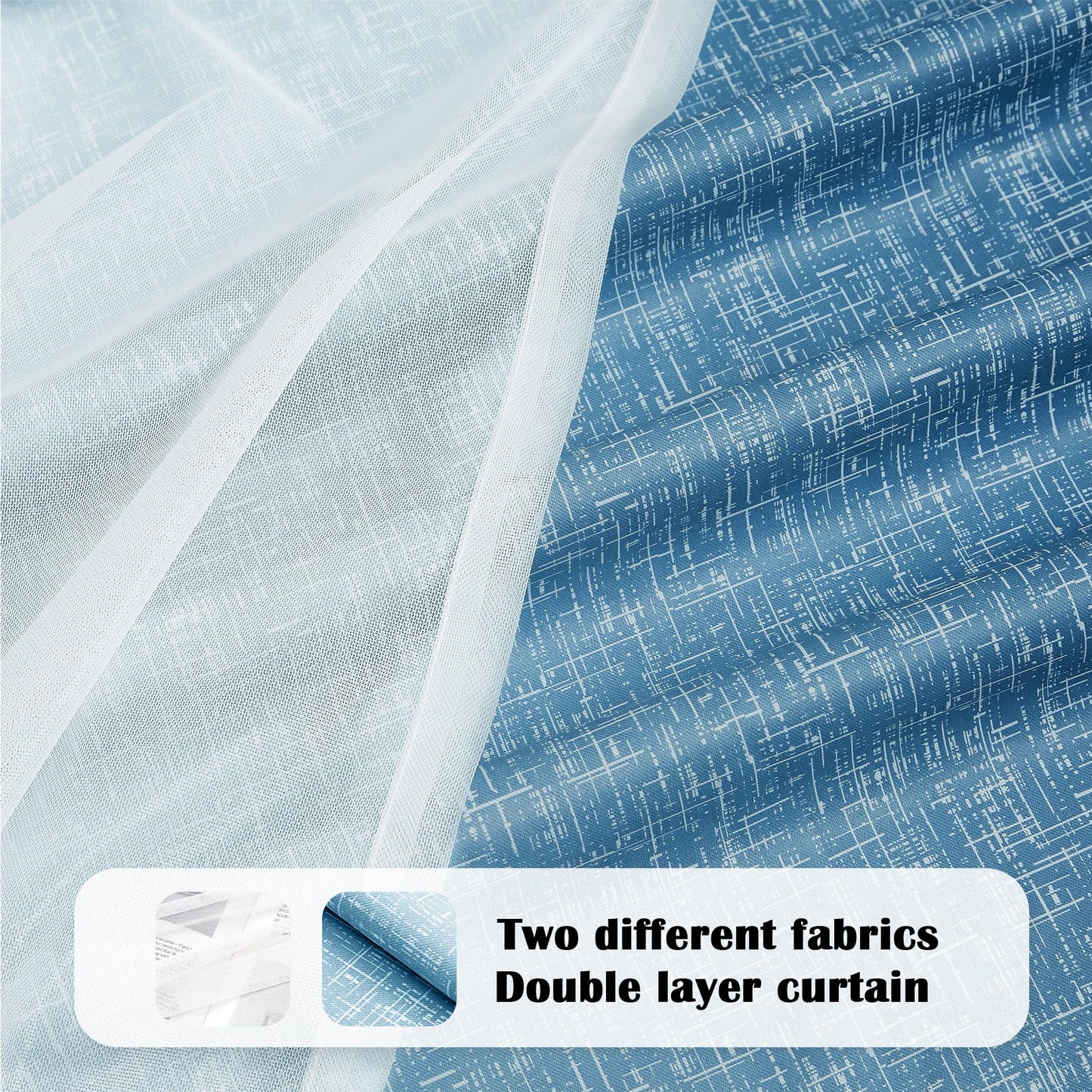 Geomoroccan Ombre 100% Blackout Curtains 54 Inches Long 2 Panels for Bedroom Living Room Blue and White Double Layer Sheer Overlay Mix & Match Grommet Thermal Soundproof Drapes with Tiebacks, 52x54