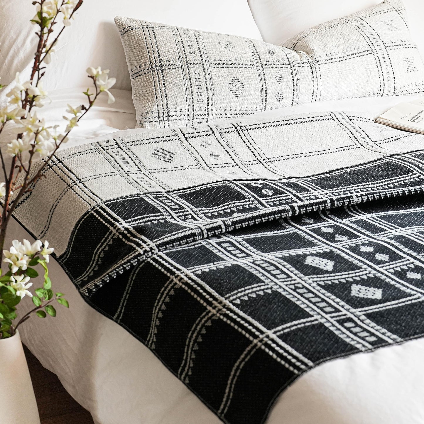 BlissBlush White Black Boho Throw Blanket, Warm Soft Comfy Chenille 55x65, Textured Dual Sided Reversible Blanket for Couch Bed, Skin Friendly