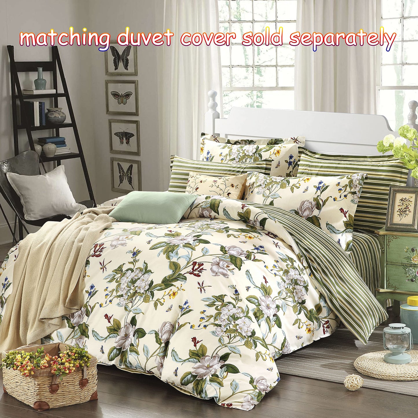 FADFAY Shabby Floral Sheets California King 100% Cotton 600 TC White Flower and Green Leaves Bedding Vintage Garden Botanical Print Country Side Bed Sheet Soft Hypoallergenic Deep Pocket Sheet 17.5''