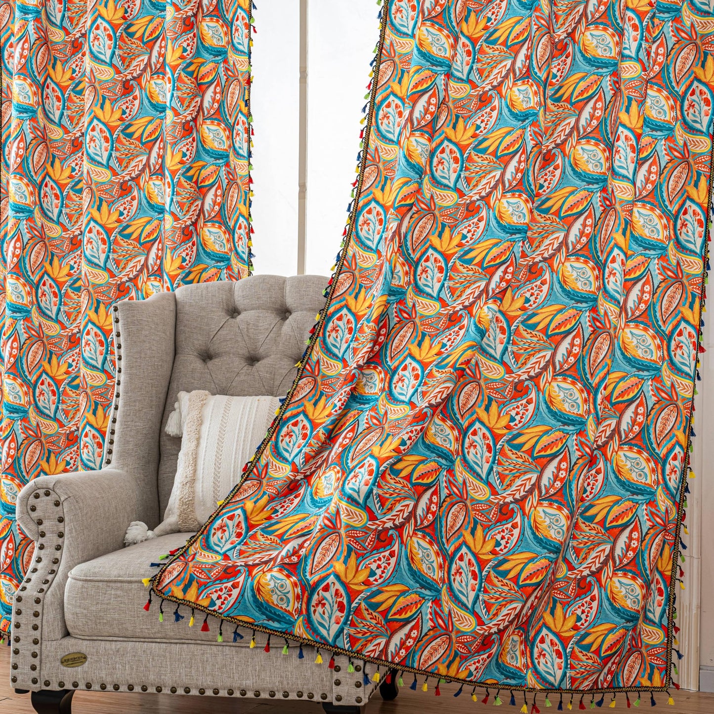 Erbnaryx Boho Paisley Curtains 72 Inches Long, Orange Blue Light Filtering Rod Pocket Drapes with Tassel Trim for Bedroom Living Room, 2 Panels
