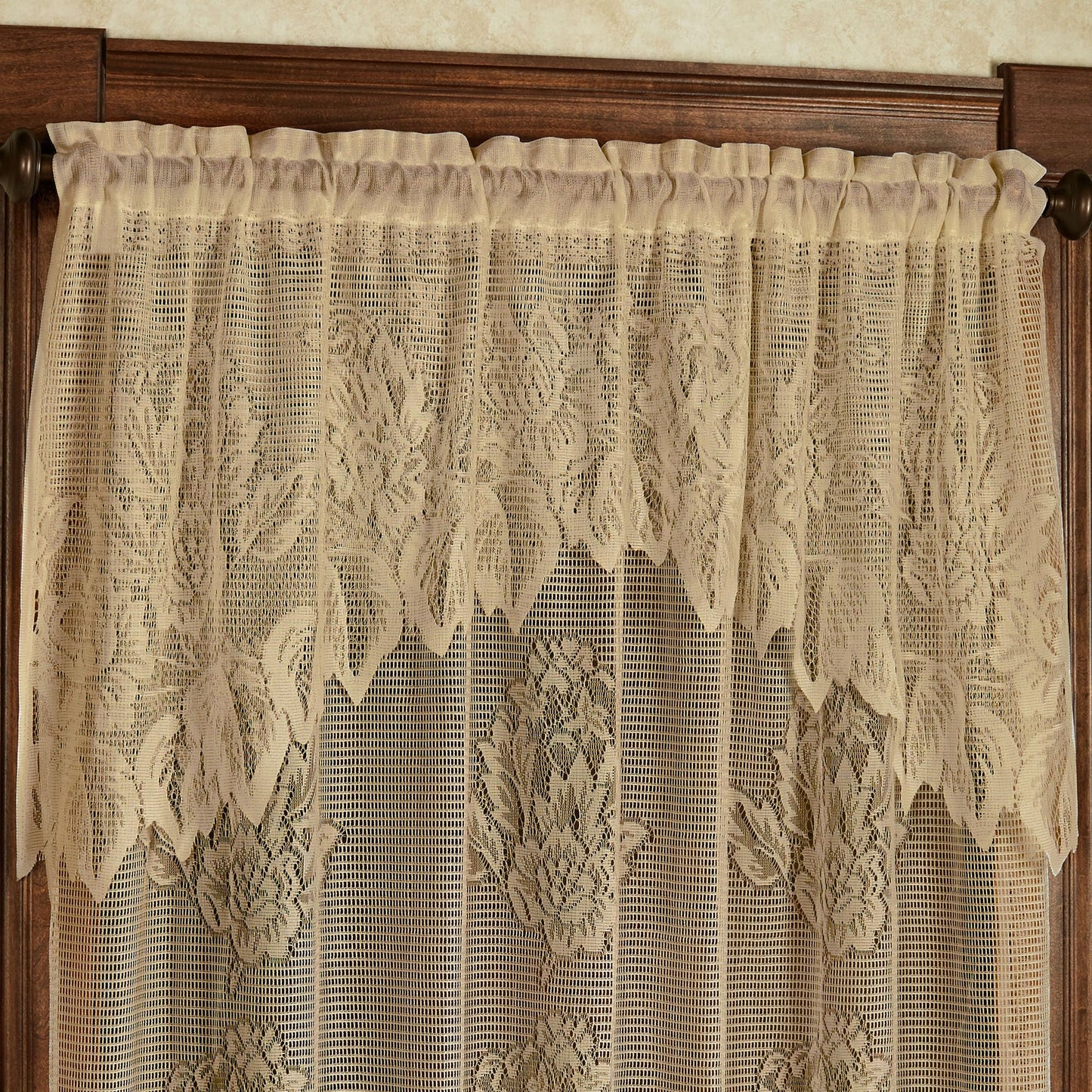 Hallie Lace Window Treatment | Vintage Antique Gold | Cottage Garden Magnolia Flower Lacy Designs with Scalloped Edges | Rod Pocket Drapery | Easy-Style 63L All-In-One Panel with Attached 24L Valance