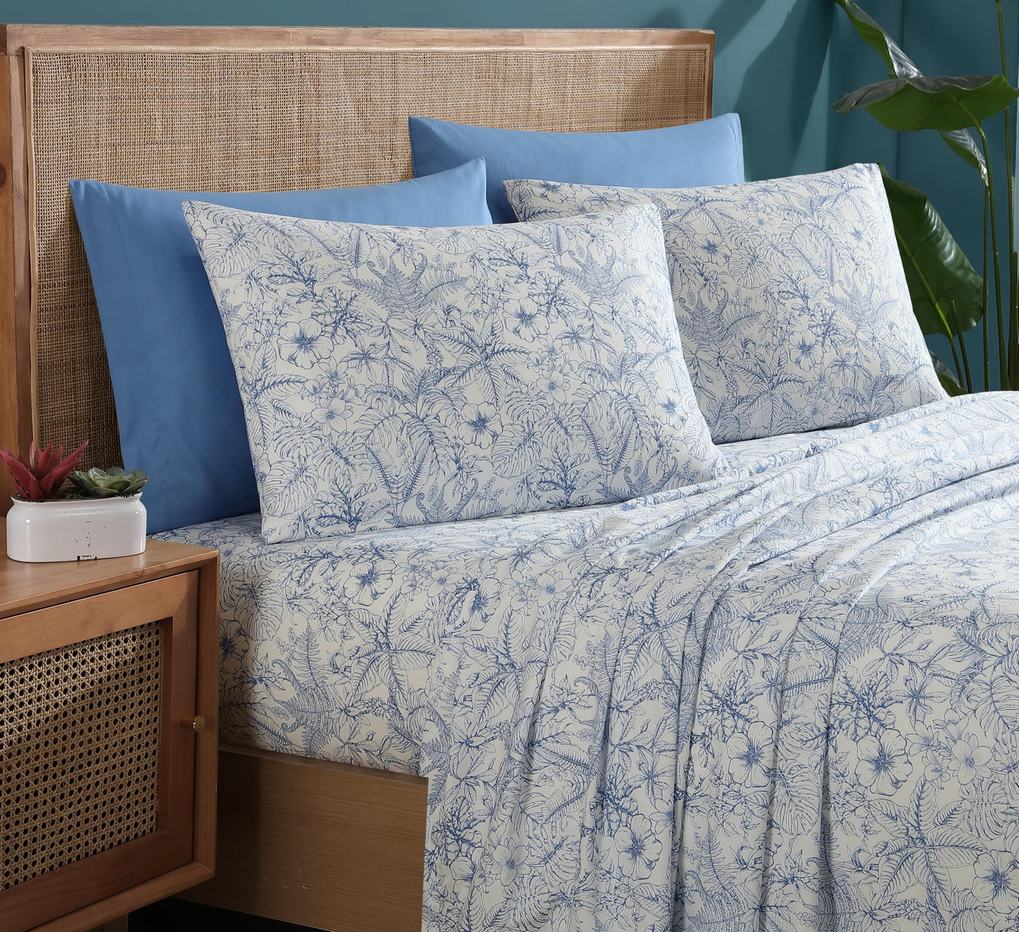 Caribbean Joe 6-Piece Sheet Set with Cooling Pillowcases, 12-inch Deep Pockets, Tropical Beach Coastal Design, Queen, Tropical Toile Blue