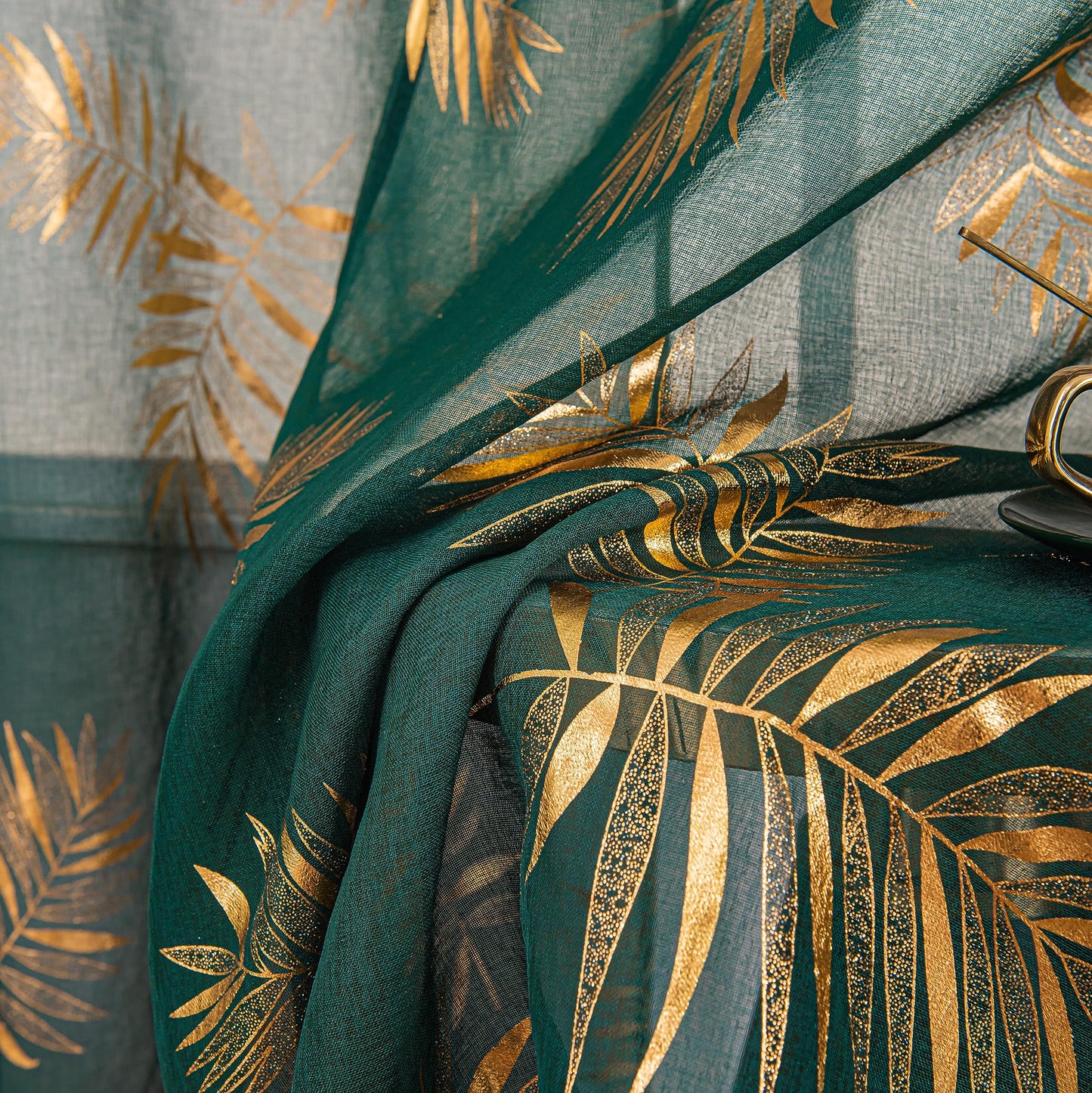 Sutuo Home Dark Green Sheer Curtains 84 Inches Long 2 Panels Set, Gold Foil Print Metallic Bronzing Tropical Leaves, Window Treatment Decor Drape Pair for Bedroom Living Room 52" W x 84" L