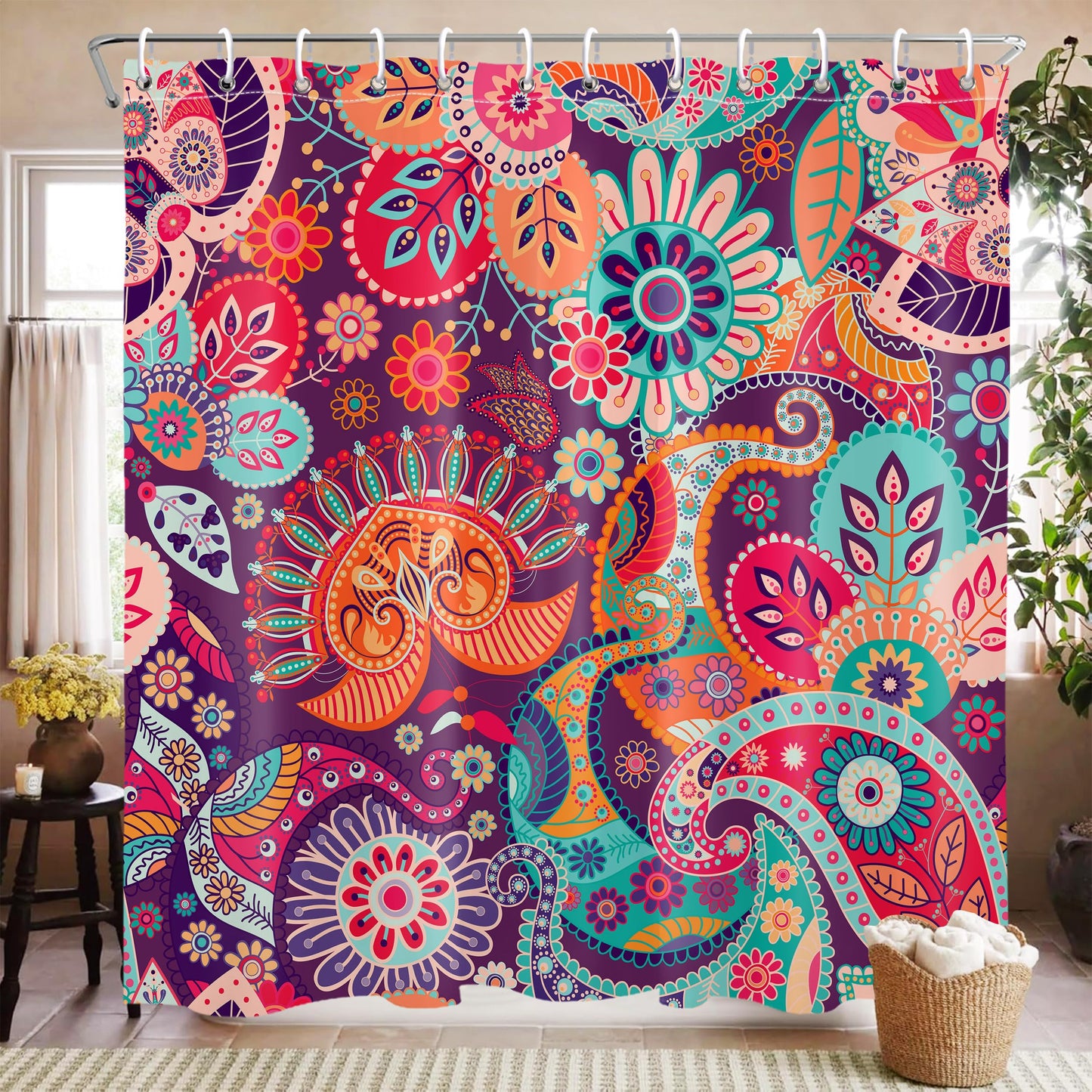 Mayormyth Boho Paisley Floral Shower Curtain Mandala Indian Abstract Bathroom Shower Curtains Bohemian Colorful Flower Shower Curtain Set Polyester Waterproof Cloth Fabric with Hooks 72x72 Inches