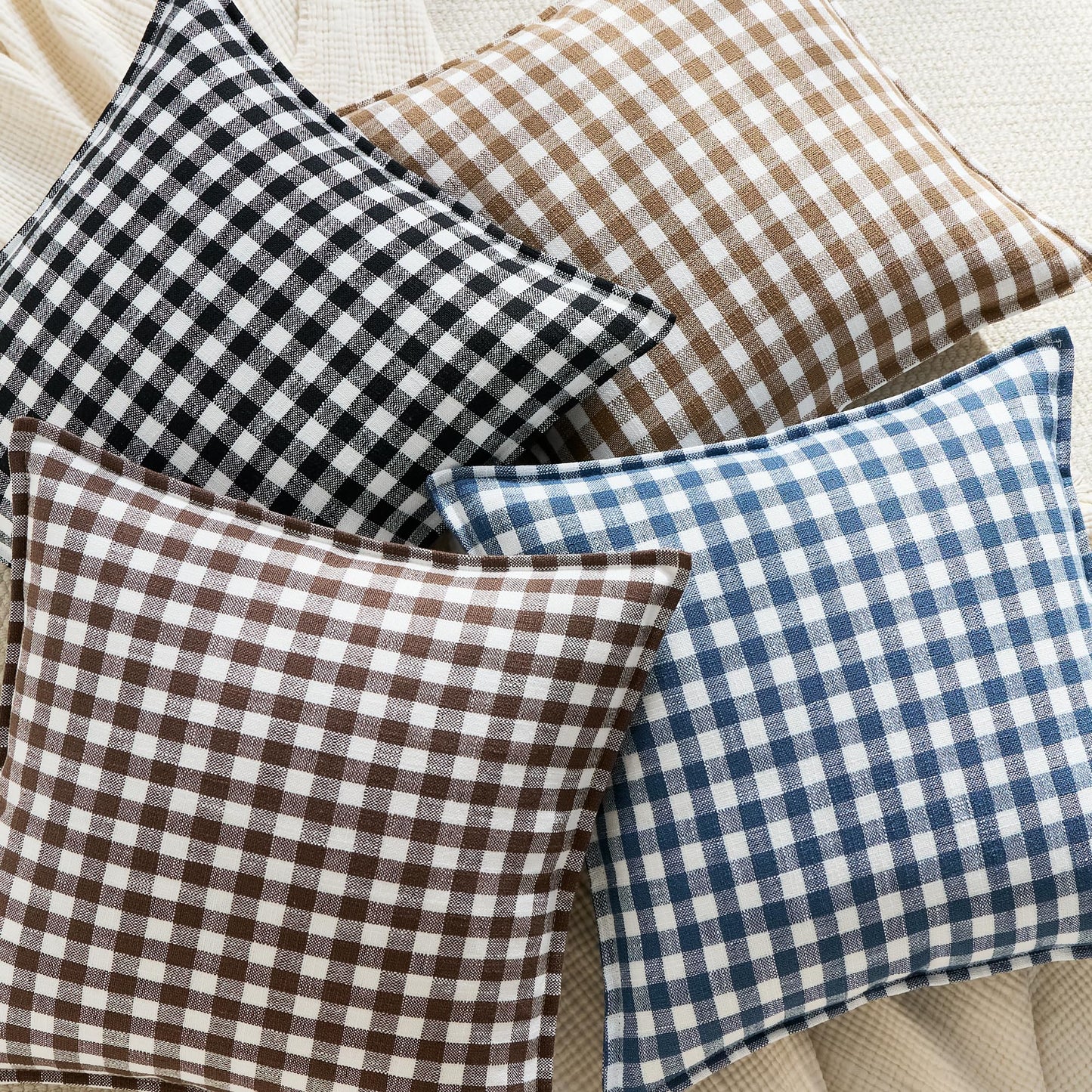 KINDREX Farmhouse Gingham Throw Pillow Covers 22x22 Set of 2, Small Checkered Linen-Textured Cushion Covers with Flanged Edges, Decorative Outdoor Pillowcases for Couch Sofa Living Room,Dusty Blue