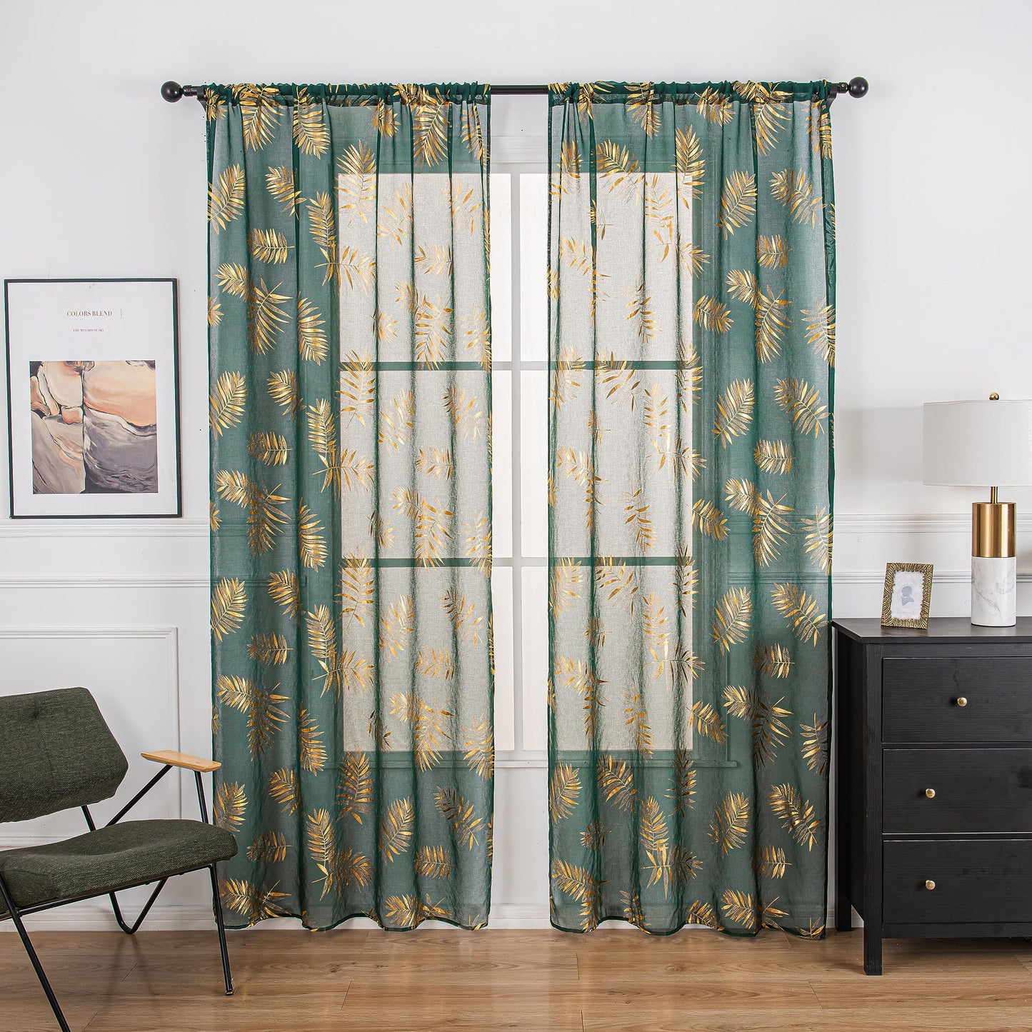 Sutuo Home Dark Green Sheer Curtains 84 Inches Long 2 Panels Set, Gold Foil Print Metallic Bronzing Tropical Leaves, Window Treatment Decor Drape Pair for Bedroom Living Room 52" W x 84" L
