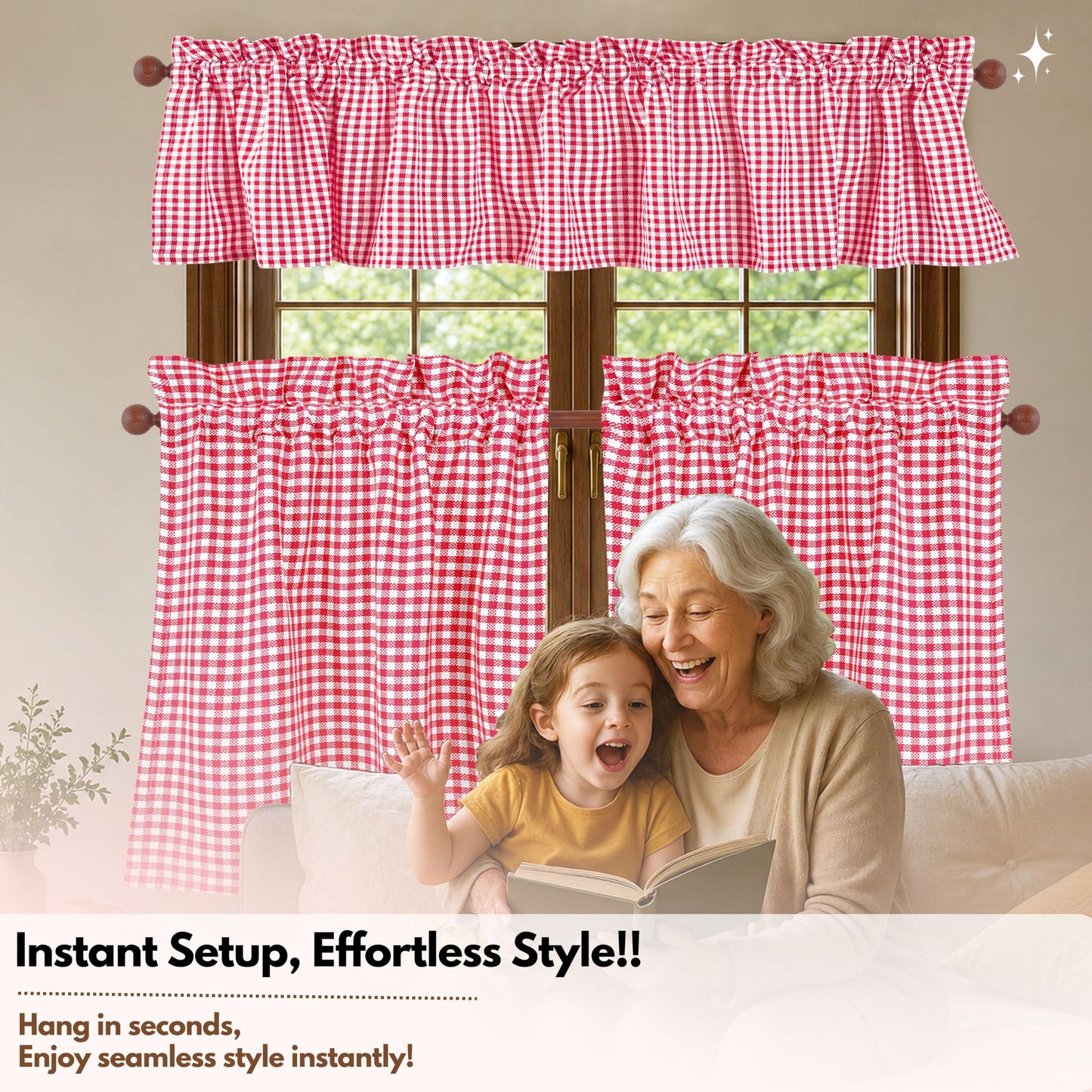 Native Fab Gingham Check 3 Pieces Window Curtain Tiers 26"x36" and Valance 54"x18" Set - Rod Pocket - Semi Sheer - Farmhouse Small Curtain for Kitchen, Bedroom, Living Room - Red and White