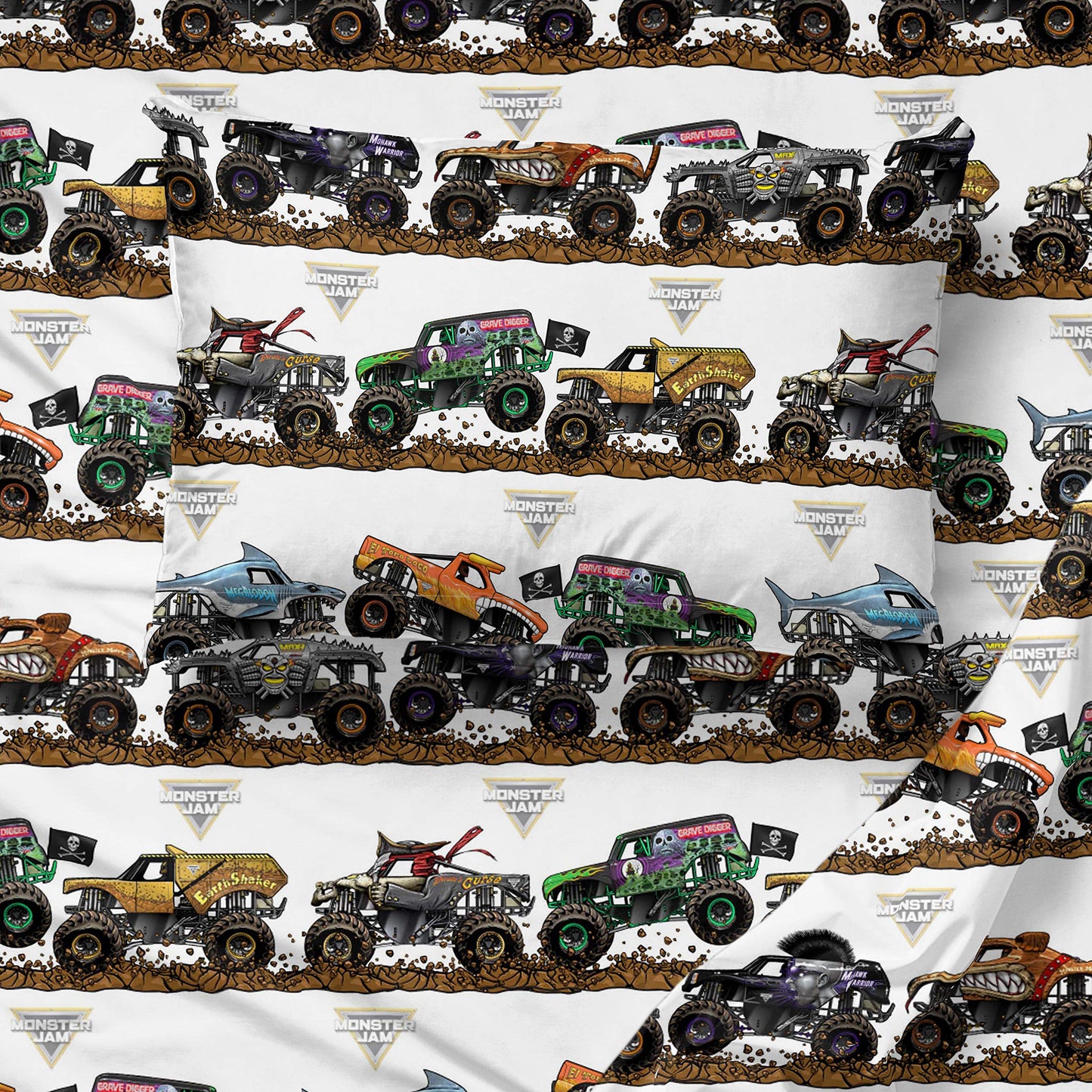 Jay Franco Kids Sheet Set with Fitted, Flat Sheets & Pillow Cover - Ultra-Soft Bedding with Pillowcase for Room Decor, Multi - Monster Jam, 3 Piece Twin