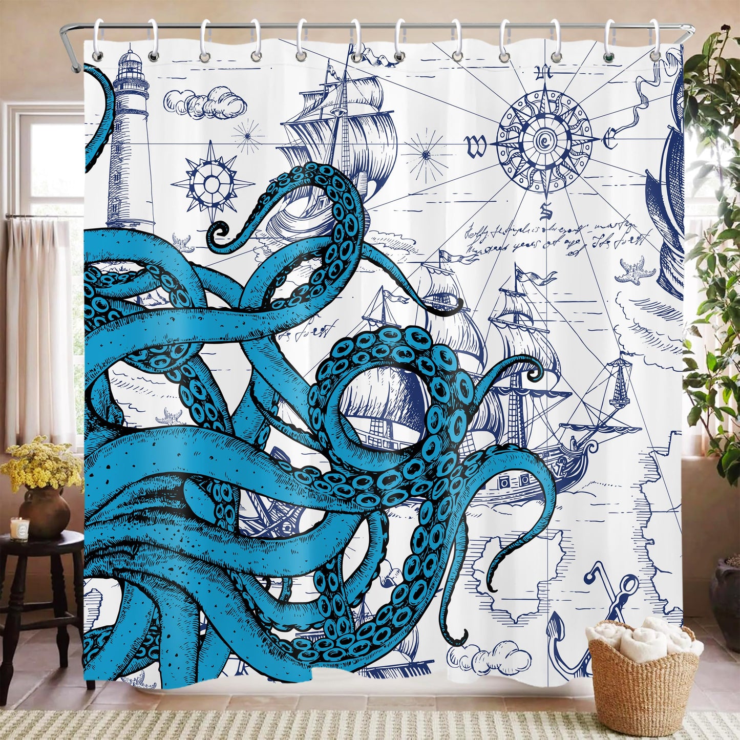 Mayormyth Shower Curtain Blue Nautical Octopus Funny Ocean Kraken Shower Curtains for Bathroom Decor Beach Coastal Pirate Map Shower Curtain Set Polyester Waterproof Cloth Fabric with Hooks